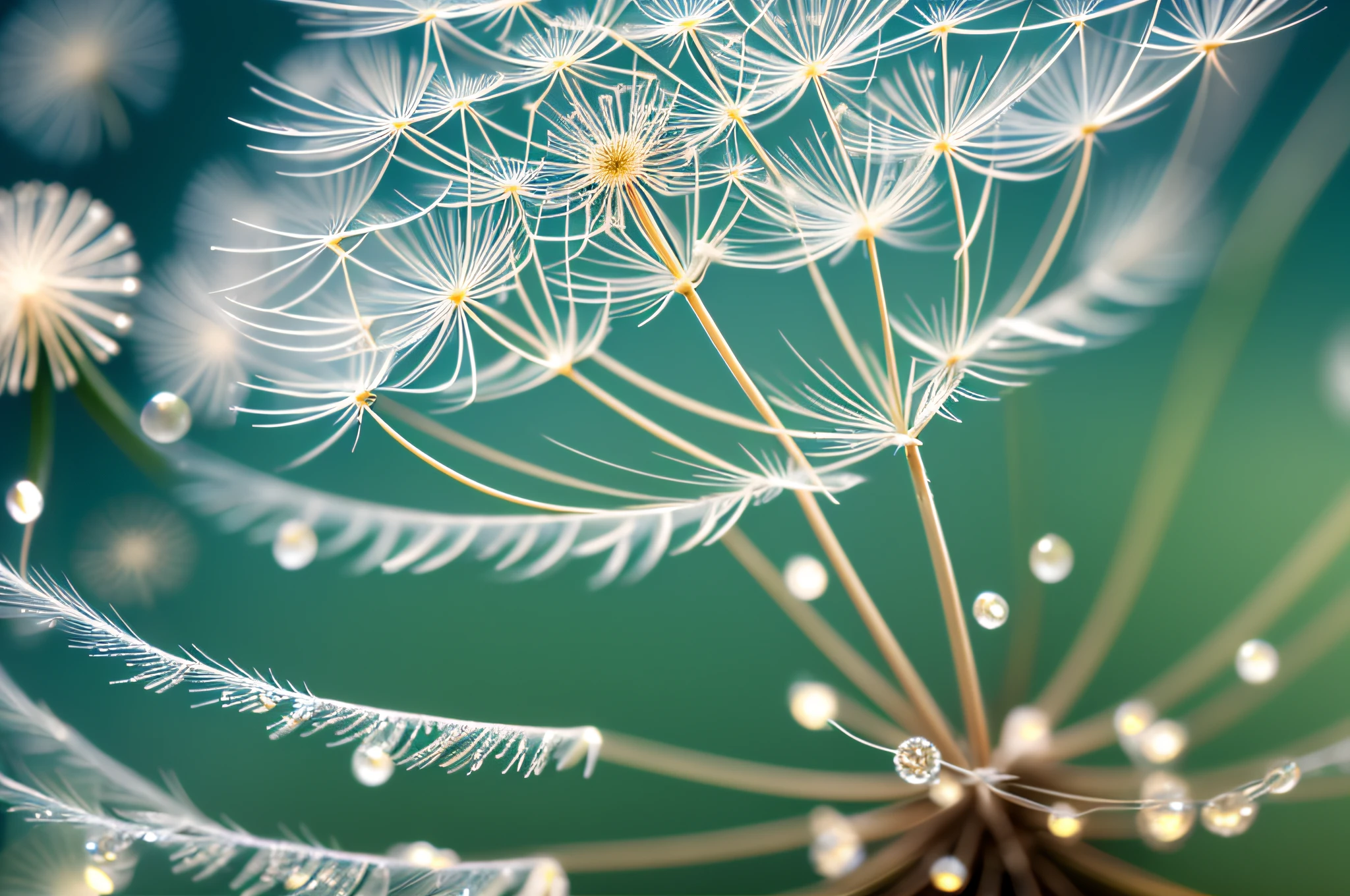 arafed photograph of a dandelion with water droplets on it, beautiful macro close-up imagery, canvas print, macro bokeh ”, dew, glowing dandelion seed storm, nature macro, fiber-optics, teal lights, macro image, optical fiber, close - up bokeh, intricate macro closeup, soft blue light, magical background, magical fairy background --auto --s2