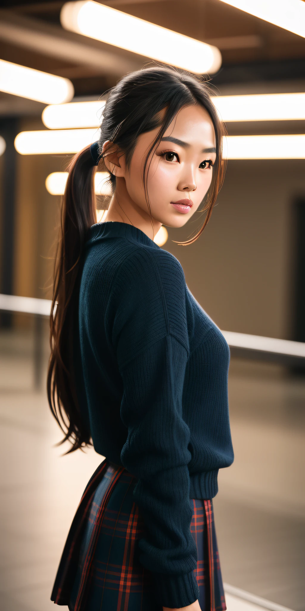Full face portrait photo of a , RAW, Gemma Chan, Chloe Bennet, Lucy Liu, beautiful woman, dimples, (long black hair in ponytail), ((detailed face)), ((detailed facial features)), (finely detailed skin), pale skin, wearing blue sweater, plaid skirt, black stockings, school environment, (cool colors), damp, damp, reflections, (masterpiece) (perfect proportion)(realistic photo)(best quality) (detailed) shot on a Canon EOS R5, 50mm lens, F/2.8, HDR, (8k) (wallpaper) (cinematic lighting) (dramatic lighting) (sharp focus) (intricate), RAW photo, RAW photo, gigachad photo, posing for camera, back arms, 8k uhd, dslr, high quality, grain film, Fujifilm XT3, film stock photography 4 kodak portra 400 camera f1.6 lens rich colors hyper realistic texture dramatic lighting unrealengine trend in artstation cinestill 800 tungsten, toughboy style, ultra focus face,