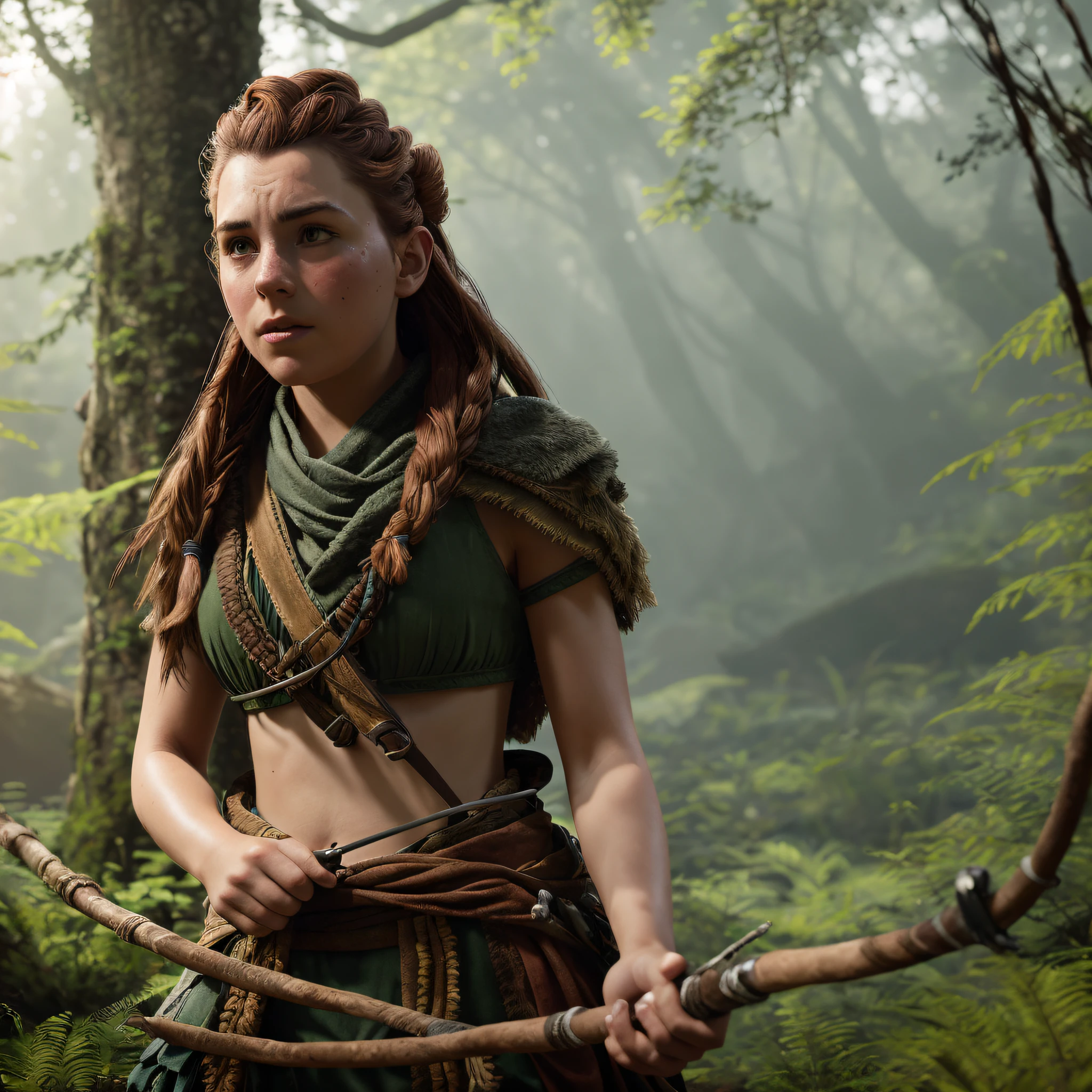photo of aloy in forest, holding bow, masterpiece, best quality, highest quality, cinematic lighting, (volumetric lighting), extremely detailed CG unity 8k wallpaper, focused, 8k wallpaper, 4k wallpaper, extremely detailed, ultra realistic, photorealistic, sharp focus, HDR, (high contrast), photograph, detailed and intricate, instagram, portrait, highly detailed, sharp focus, illustration, cinematic lighting