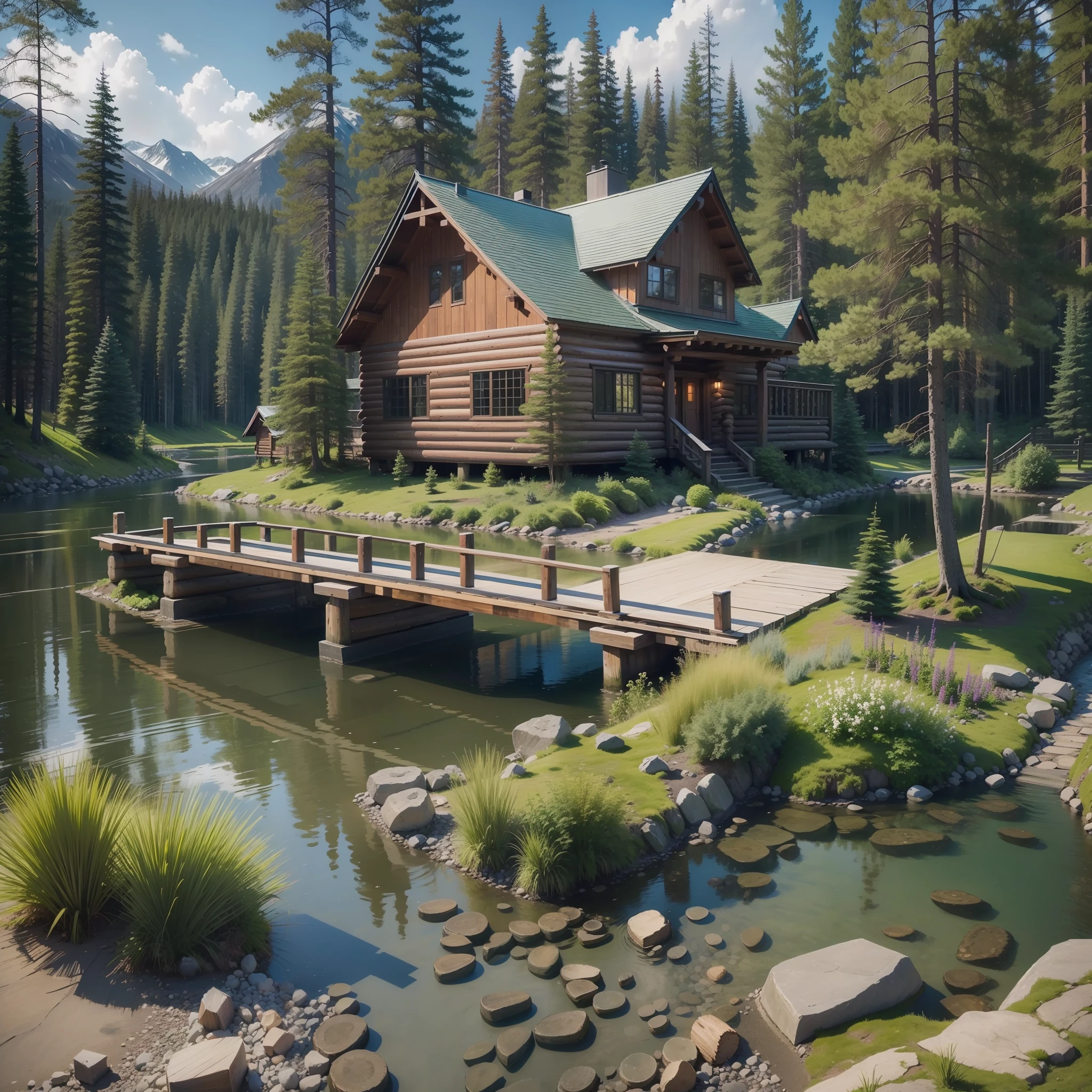 Alaska house of logs, spring, wooden bridge over the river, stones around the house making garden, river with trees around, beautiful place and relaxing photography