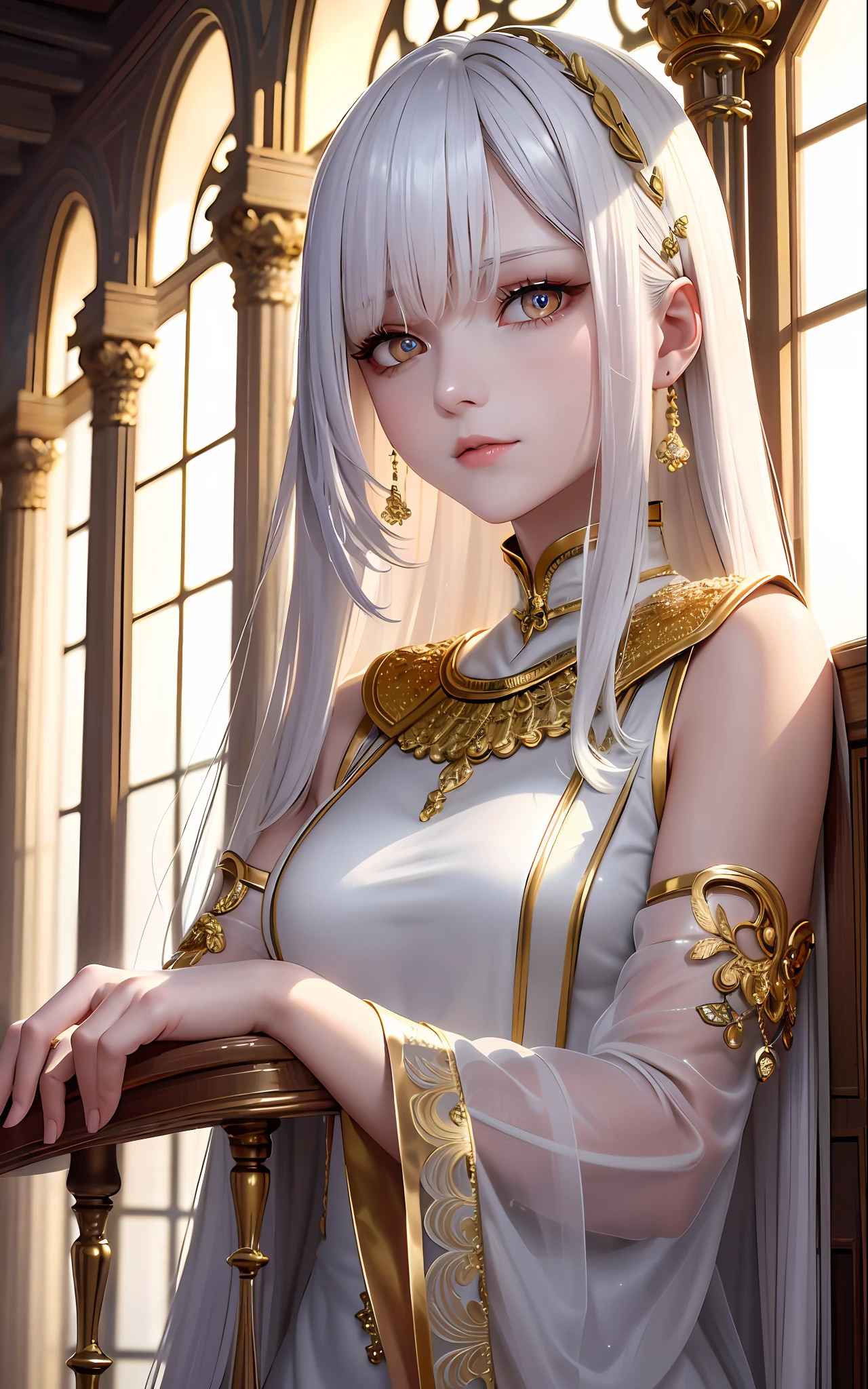 Superb and masterpiece, high resolution, best quality, UHD, super detail, award-winning, 16k, upper body, a beautiful girl, white hair, ((golden eyes)), hanging eyes, (gorgeous white clothes), hair, fair skin, slender figure