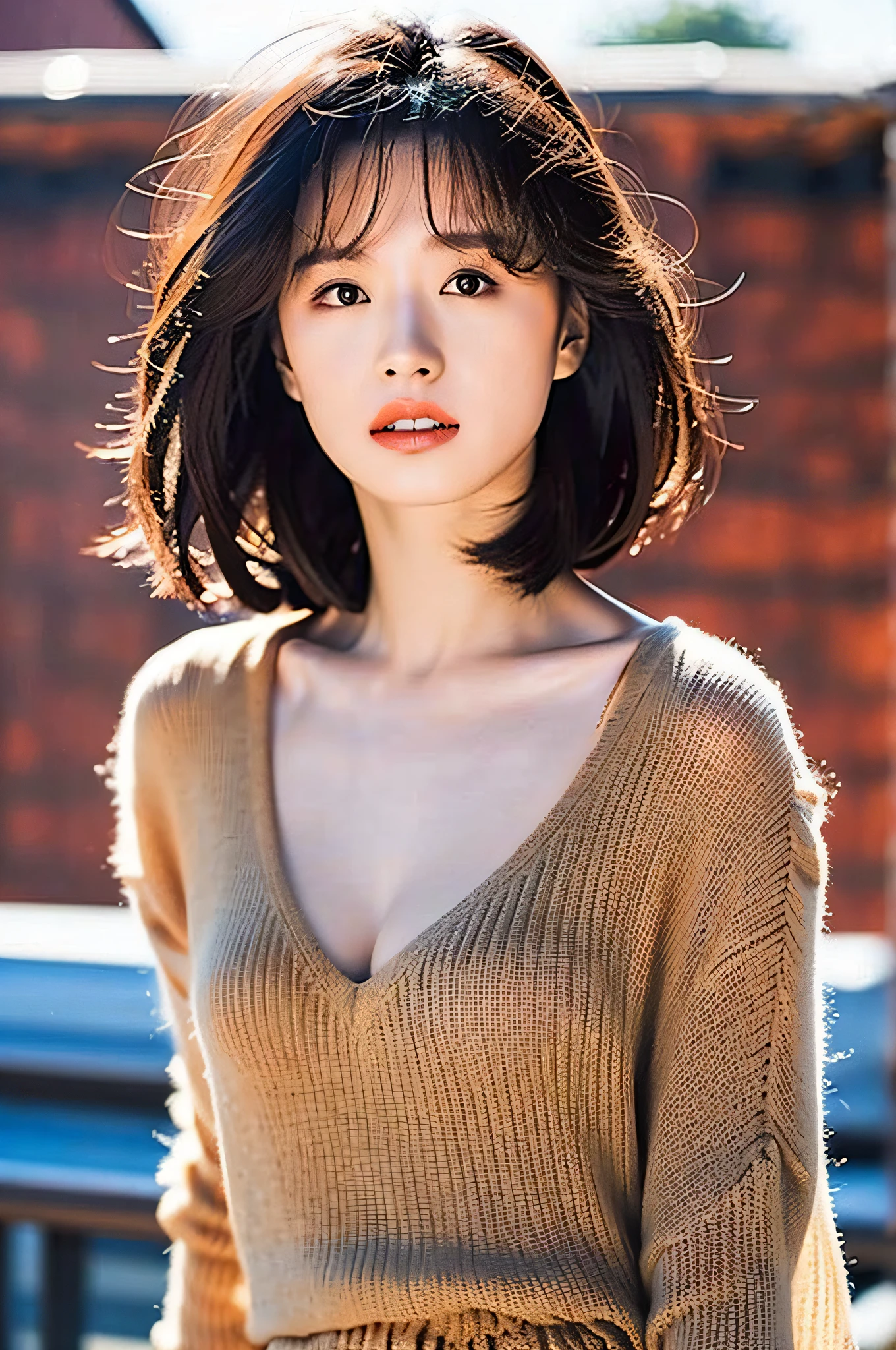 (Photorealistic: 1.8),
dark brown hair, A-line haircut, 1 girl, rooftop,
very detailed clothes, see-through shirts, beautiful ????????,
As a fashion model,