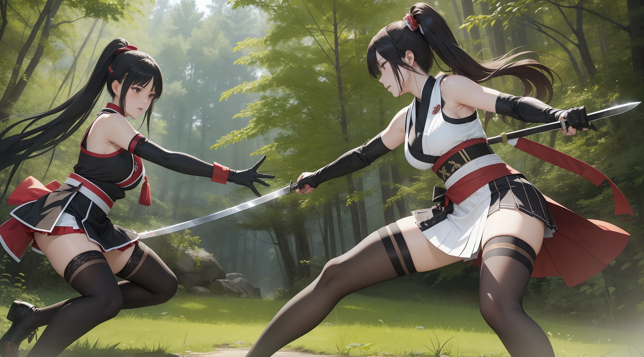 Full body shot from head to feet, two adult female character from Dead or Alive. A thrilling and intense masterpiece depicting a deadly duel between Kokoro versus Hitomi, both expert swordswomen, with the fight reaching a climactic moment of truth. The dynamic action capture the moment as Hitomi takes a lethal blow and succumbs to her injuries, leaving Kokoro as the sole victor in this high-stakes battle. Kokoro have long loose hair. Hitomi have long loose hair. Kokoro wear traditional sleeveless kimono, obi tied on the back hip, black long gloves, medium skirt, and black thigh highs. Hitomi wear traditional sleeveless kimono, obi tied on the back hip, black long gloves, medium skirt, and black thigh highs. Background set on lush forest, with no effect.