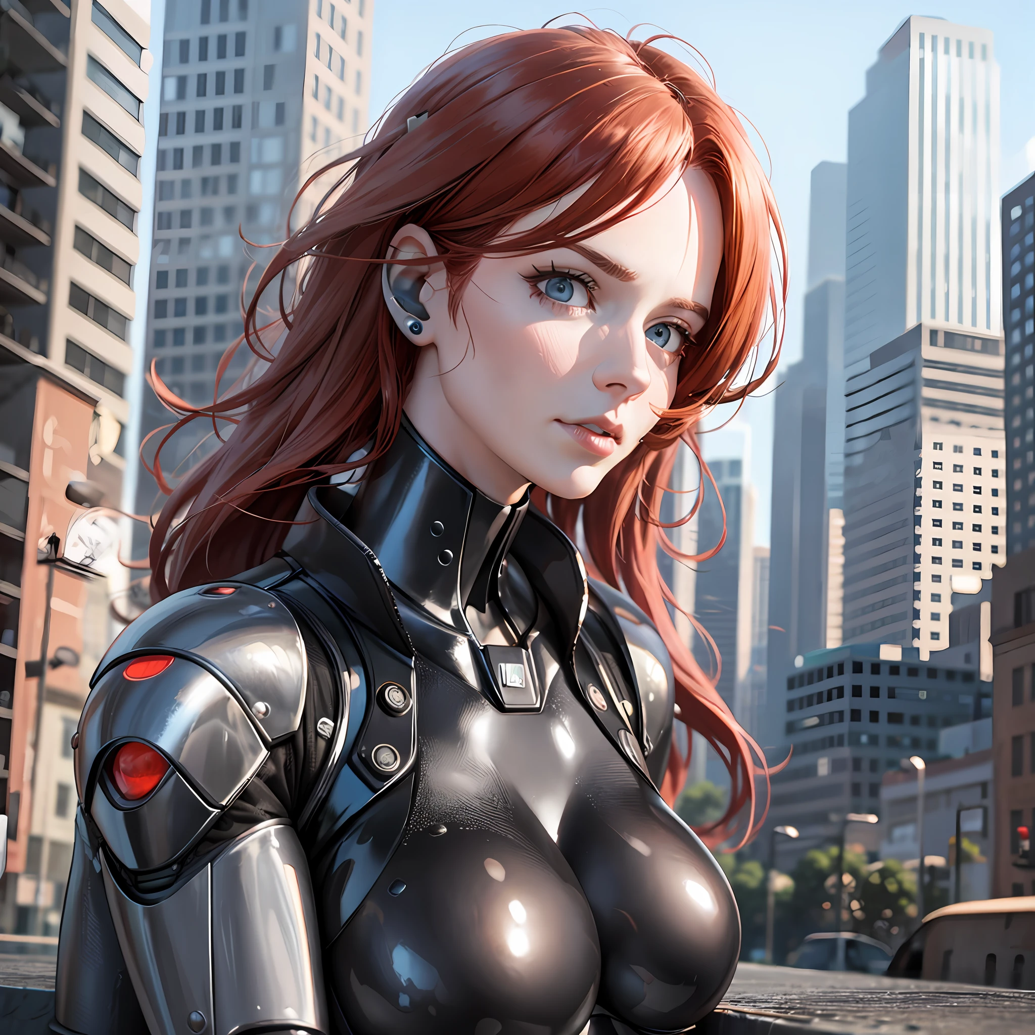 Robotic redhead woman destroyed city Super realistic well detailed