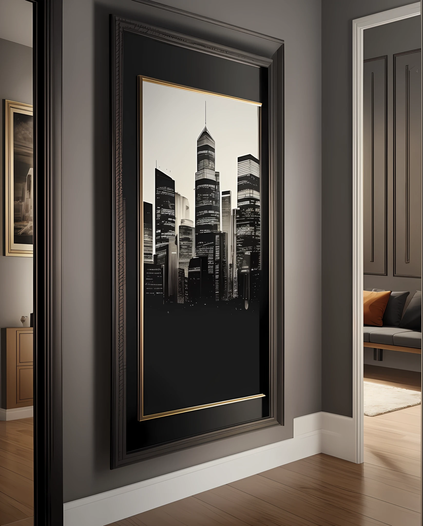 very large picture with black frame on wall at home hallway background --auto --s2