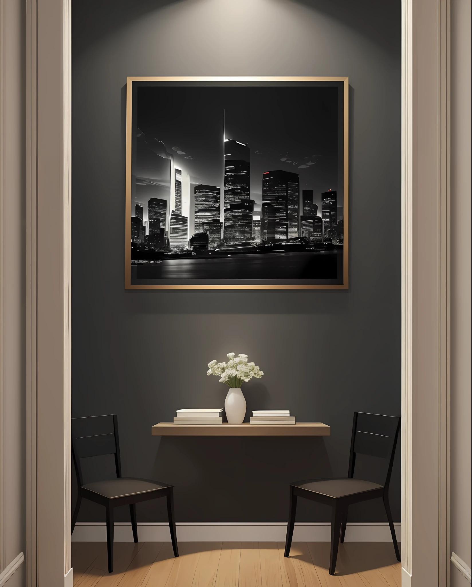 very large picture with black frame on wall at home hallway background --auto --s2