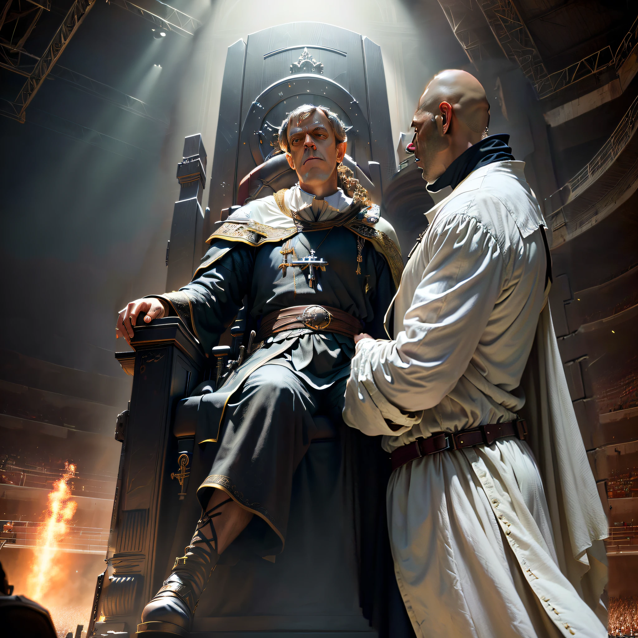 (((tall))) back of the head of(morpheus from the matrix 1999) with white biblical clothes profile, looking left ((morpheus from matrix face)), (((white clothes))), the matrix (1999), 80mm, ((western animation)), (morpheus the matrix (1999)) arguing, (bald), (man giving heated speech), (simple roughed wears), (((laurence fishburne))), sad, frustrated, screaming, (((dressed in biblical times clothes))), black bald man, (((looking away)))