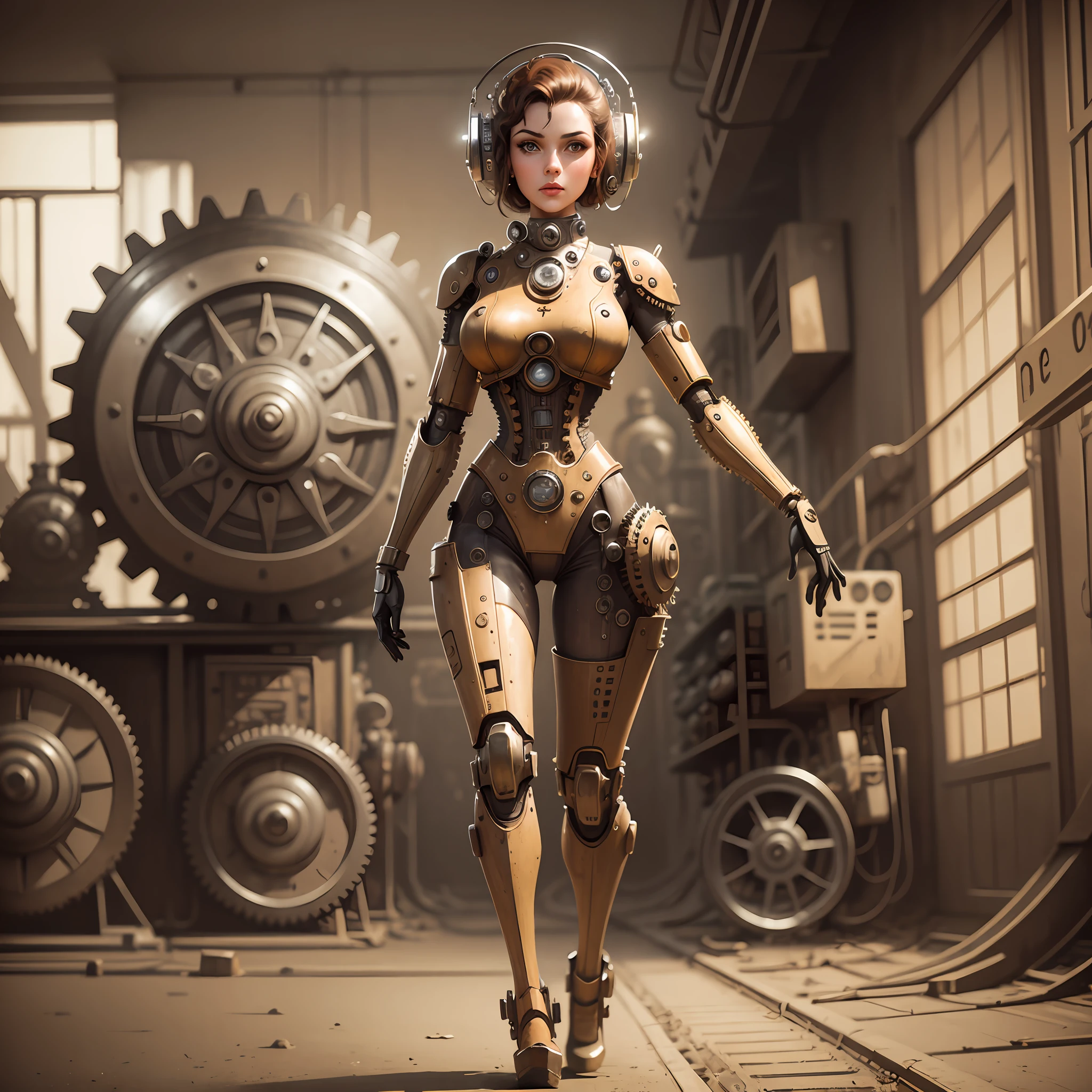 Woman mechanical body, 50's style, sepia image, half woman half robot, gears, old environment, retro --auto --s2