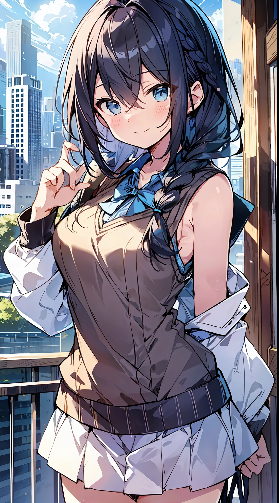 Top Quality, Best Masterpiece, Ultra High Definition, 8K, Light Blue Sweater Vest, Anime Style Little , Single, Ultra Detailed Line Art, Digital Enhancement, Anime Core, Flowing Fabric, Close Up, ((Hair length to shoulder mouth and short braid)), staring at us from the front, soft drawing, beautiful black hair, crisp eyes, smiling smile, ultra-detailed digital anime art, Ultra-detailed anime character art, ultra-detailed manga style, top quality colors, hand gestures, cityscape with nature