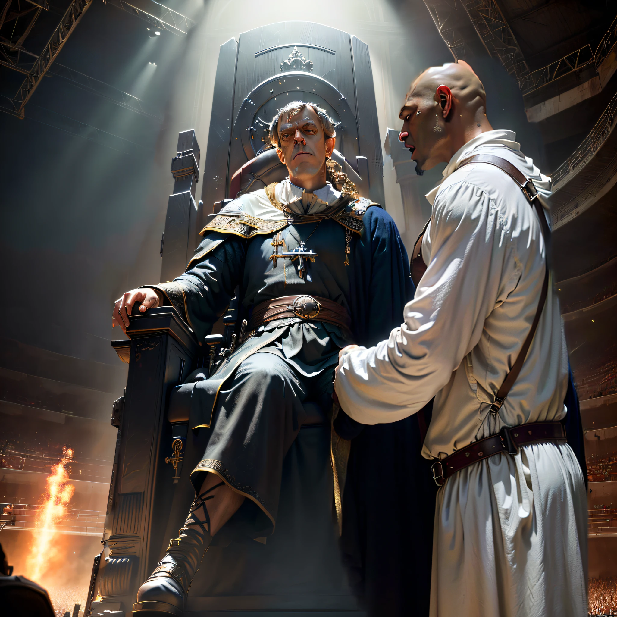 (((tall))) back of the head of(morpheus from the matrix 1999) with white biblical clothes profile, looking left ((morpheus from matrix face)), (((white clothes))), the matrix (1999), 80mm, ((western animation)), (morpheus the matrix (1999)) arguing, (bald), (man giving heated speech), (simple roughed wears), (((laurence fishburne))), sad, frustrated, screaming, (((dressed in biblical times clothes))), black bald man, (((looking away)))