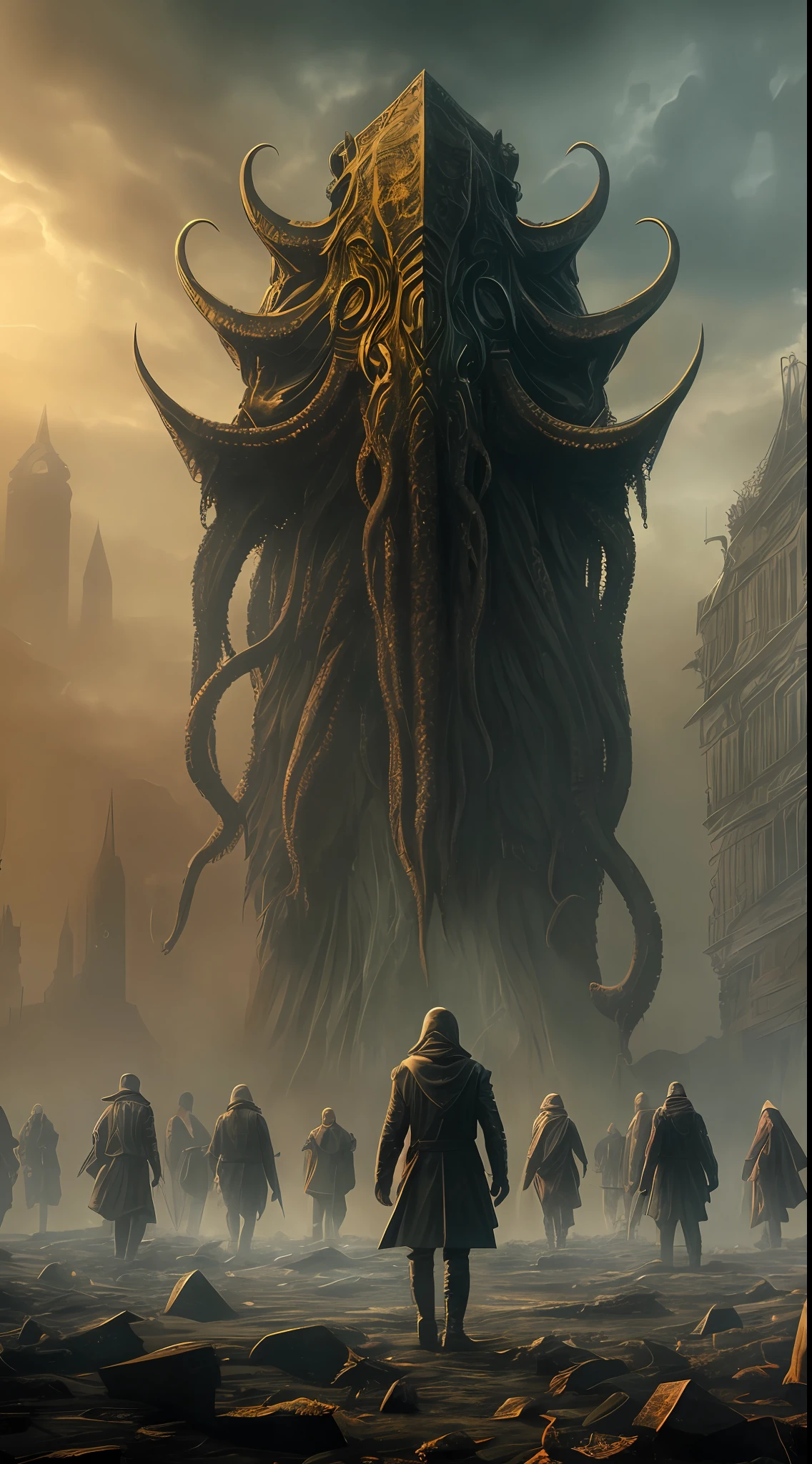 Cthulhu style, In the haze, A huge body in the distance, Reddened eyes, Looking at several people on the ground, Surrealism, UHD, masterpiece, super detail, textured skin, high details, high quality, best quality, highres --auto --s2