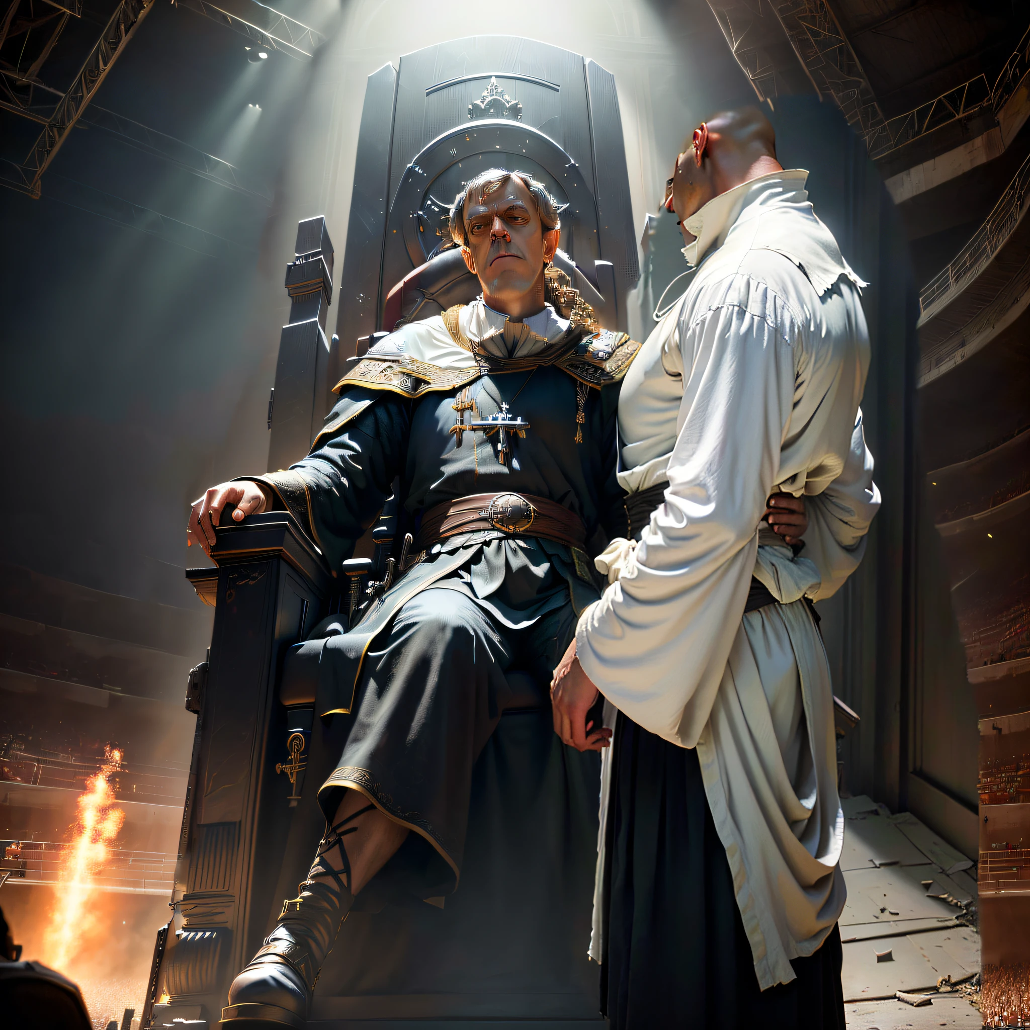 (((tall))) back of the head of(morpheus from the matrix 1999) with white biblical clothes profile, looking left ((morpheus from matrix face)), (((white clothes))), the matrix (1999), 80mm, ((western animation)), (morpheus the matrix (1999)) arguing, (bald), (man giving heated speech), (simple roughed wears), (((laurence fishburne))), sad, frustrated, screaming, (((dressed in biblical times clothes))), black bald man, (((looking away)))