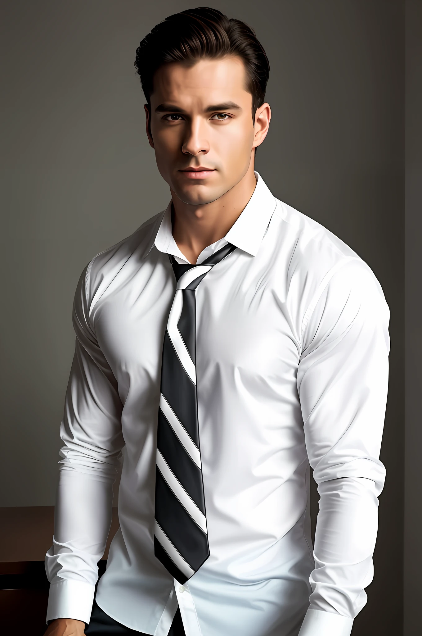 1man,
a 30 y.o muscular male wearing long-sleeve white shirt and tie, drinking coffee,
soft lighting,
masterpiece, best quality, 8k uhd, dslr, film grain, Fujifilm XT3 photorealistic painting art by midjourney and greg rutkowski