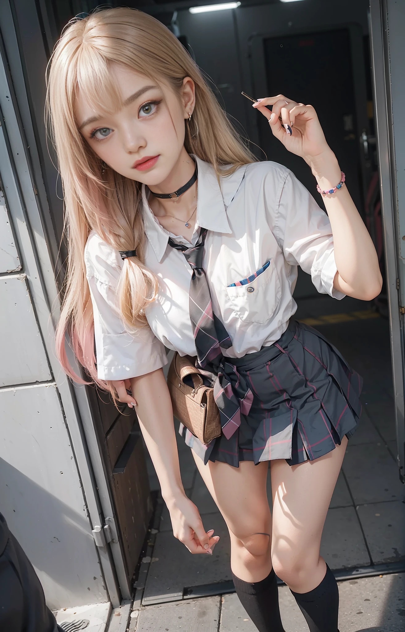 Kitagawa Marin, (pink eyes: 0.8), (1 girl: 1.4) (normal head-to-body ratio: 1.4) (tall long legs: 0.4)
(school uniform), (light blue tie), (blue plaid pattern skirt 1.3), brown leather shoes, (white short socks), blush
(Black choker collar: 0.8) Girl Standing (long eyelashes: 1.5), smile, various poses (Night City: 1.1) Night (Black Sky) City high-rise, Tokyo Tower, car, (Bending over: 1.5) (Dark: 1.6)
Blonde hair, oblique bangs, 8-point bangs, (long eyebrows: 0.9), (red lips: 0.5)
To waist-length hair, long hair, spread hair, full body, smile
Earrings (pink eyes: 1.4)
(Nail art: 0.5)
(25-year-old girl: 0.4)
(Extrovert: 0.9)
assertive
daring
Happy