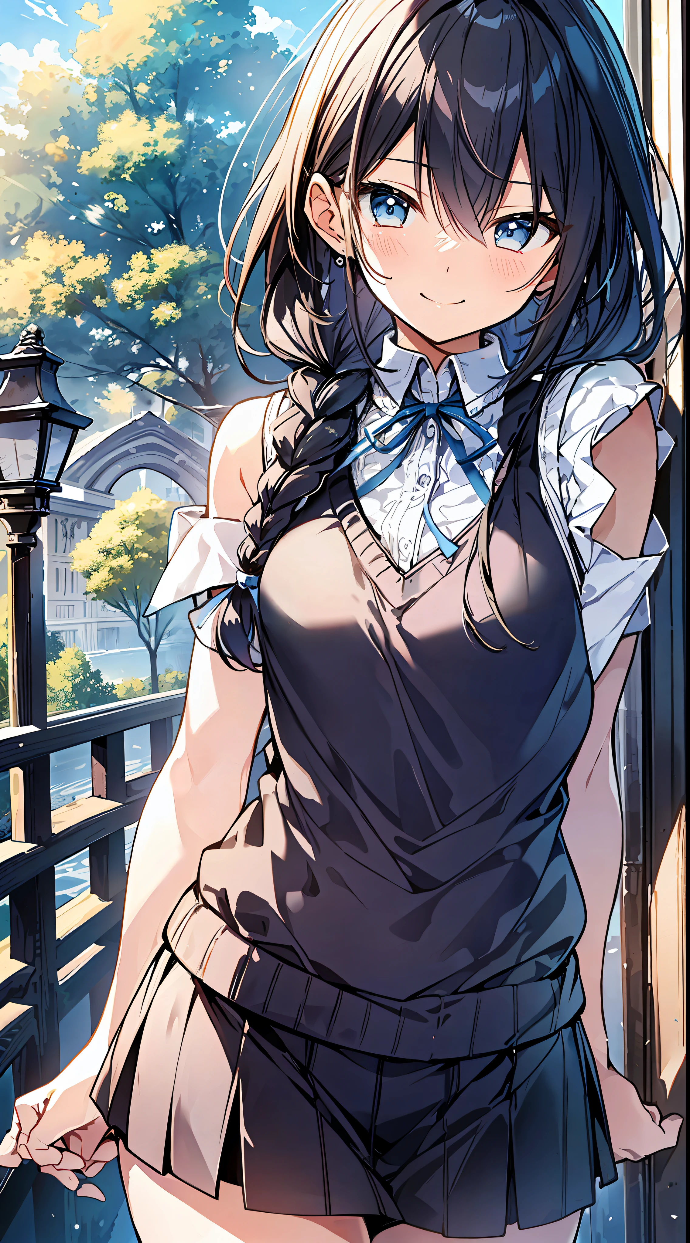 Top Quality, Best Masterpiece, Ultra High Definition, 8K, Light Blue Sweater Vest, Anime Style Little , Single, Ultra Detailed Line Art, Digital Enhancement, Anime Core, Flowing Fabric, Close Up, ((Hair length to shoulder mouth and short braid)), staring at us from the front, soft drawing, beautiful black hair, crisp eyes, smiling smile, ultra-detailed digital anime art, Ultra-detailed anime character art, ultra-detailed manga style, top quality colors, hand gestures, cityscape with nature
