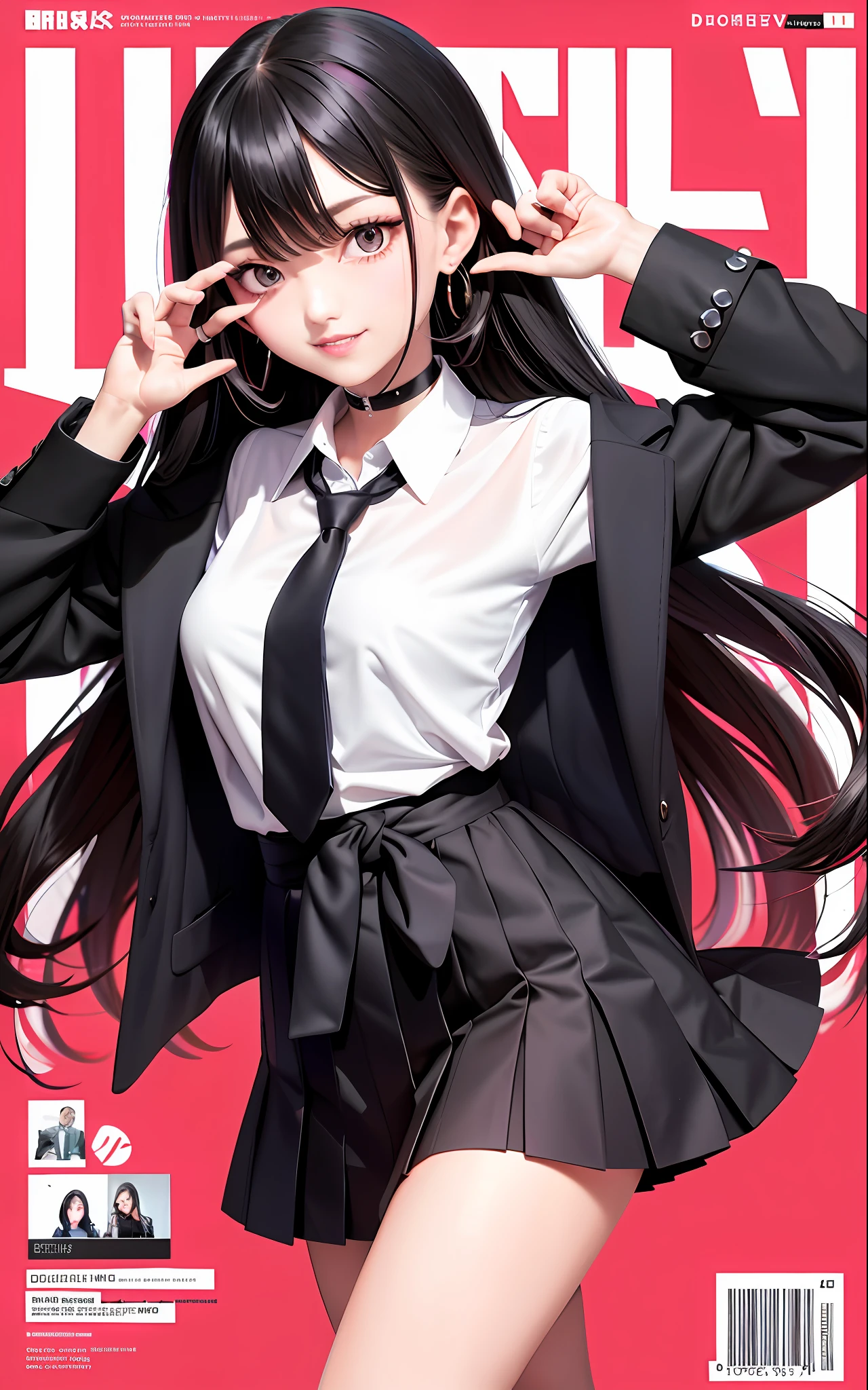 masterpiece, best quality, full body, 1girl, bangs, black choker, black necktie, black hair, blue skirt, blush, bracelet, breasts, choker, clothes around waist, collarbone, collared shirt, cowboy shot, dress shirt, ear piercing, eyebrows visible through hair, gradient hair, grin, gyaru, jewelry, kogal, long hair, looking at viewer, loose necktie, necktie, piercing, plaid, plaid skirt, pleated skirt, red eyes, ring, school uniform, shirt, skirt, smile, solo, white shirt, street, sky, cherry blossoms, petals,illustration, (magazine:1.3), (cover-style:1.3), fashionable, woman, vibrant, outfit, posing, front, colorful, dynamic, background, elements, confident, expression, holding, statement, accessory, majestic, coiled, around, touch, scene, text, cover, bold, attention-grabbing, title, stylish, font, catchy, headline, larger, striking, modern, trendy, focus, fashion,