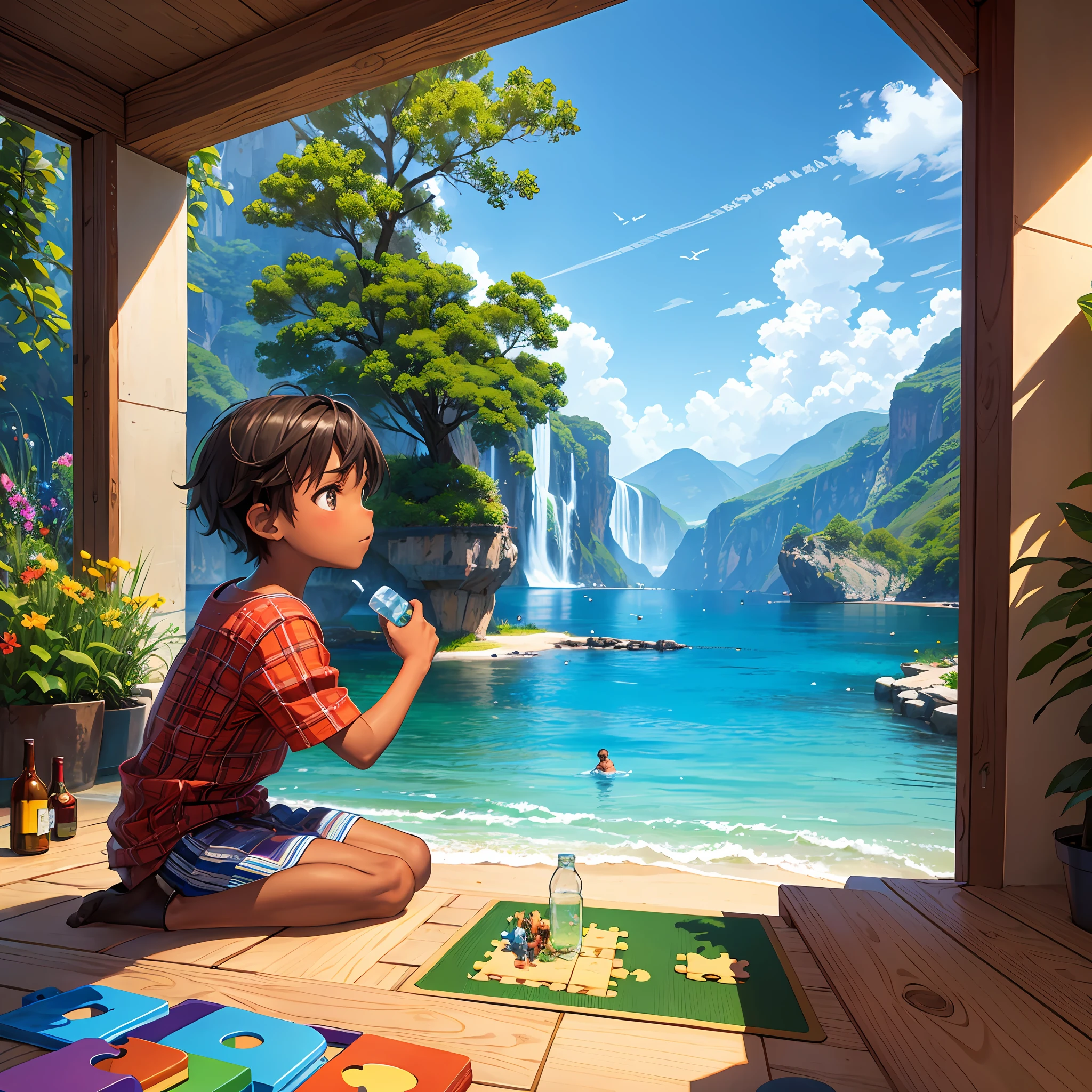 scenery, bottle, autism, puzzle, child, colorful, magic, brown skin, pixel
