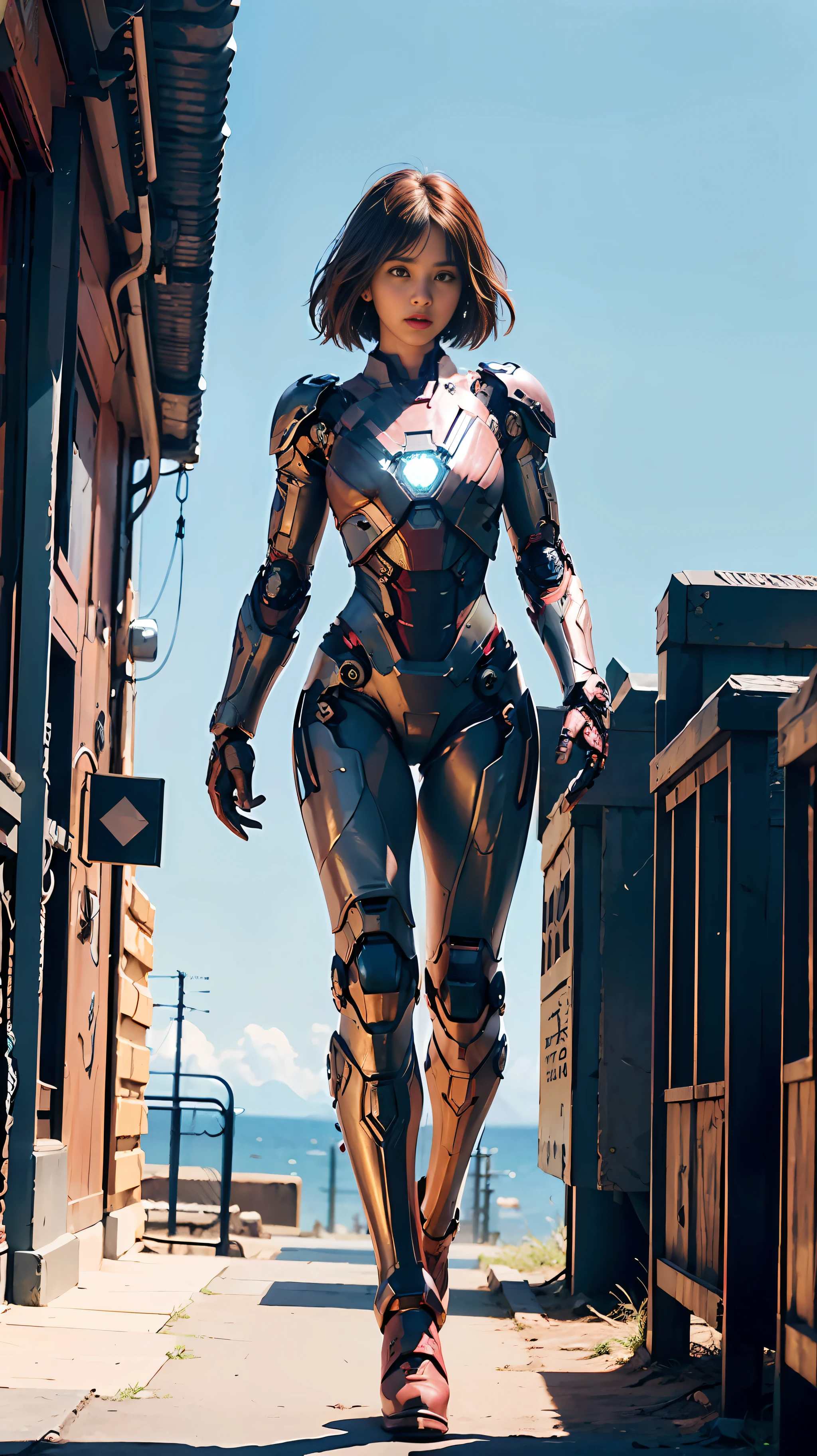 Realistic movie scene of a 20-year-old woman standing full body in a cyberpunk barren with stunning cloudscapes. (wearing an Iron Man mech) on her insanely complex anatomically adapted (graphene: 1.1) biomechanically symmetrical arms and biomechanically symmetric legs. Extremely detailed, elegant and ornate symmetrical fractal detail with Kyanite gemstone. Scene captured with bright soft natural light, dramatic shadows and beautiful vibrant colors. Romantic art style. 8k resolution image with cyberpunk style, intricate symmetrical details. The whole picture is indomitable and heroic. It is mainly a complete picture of a man standing with his whole body, smooth movements and confident expression.