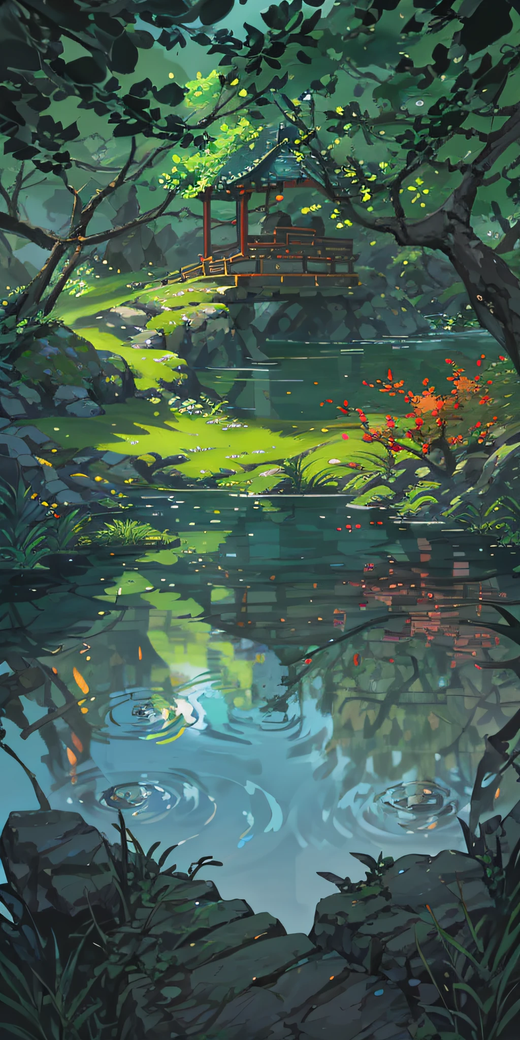 Chinese ancient times, spring, jungle, lake, cave, waterfall, tree, meadow, rock, deer, hot spring, water vapor, (illustration: 1.0), epic composition, realistic lighting, HD details, masterpiece, best quality, (very detailed CG unified 8k wallpaper)