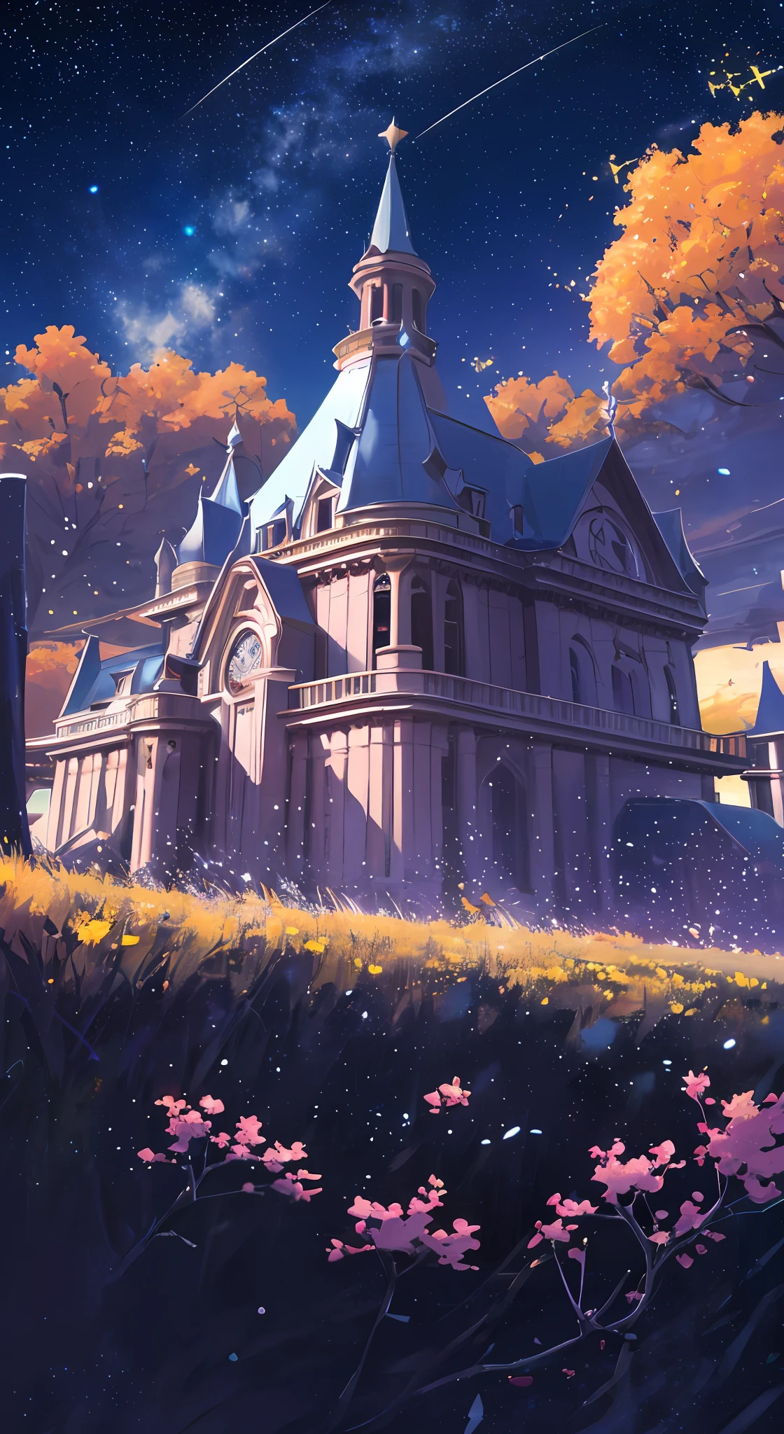 (Highers, ultra detailed, cinematic, UHD), night, mountain, dark sky, (big moon in the sky), (saturnus in the sky), galaxy in the sky, nebula in the sky, snowy, (old western bulding) , purple flower field, warm, orange, blue, purple, detailed building, detailed field, detailed sky, shooting star from above, dreamy, magical, boy looking at the sky, light particle, fireflies, oil painting