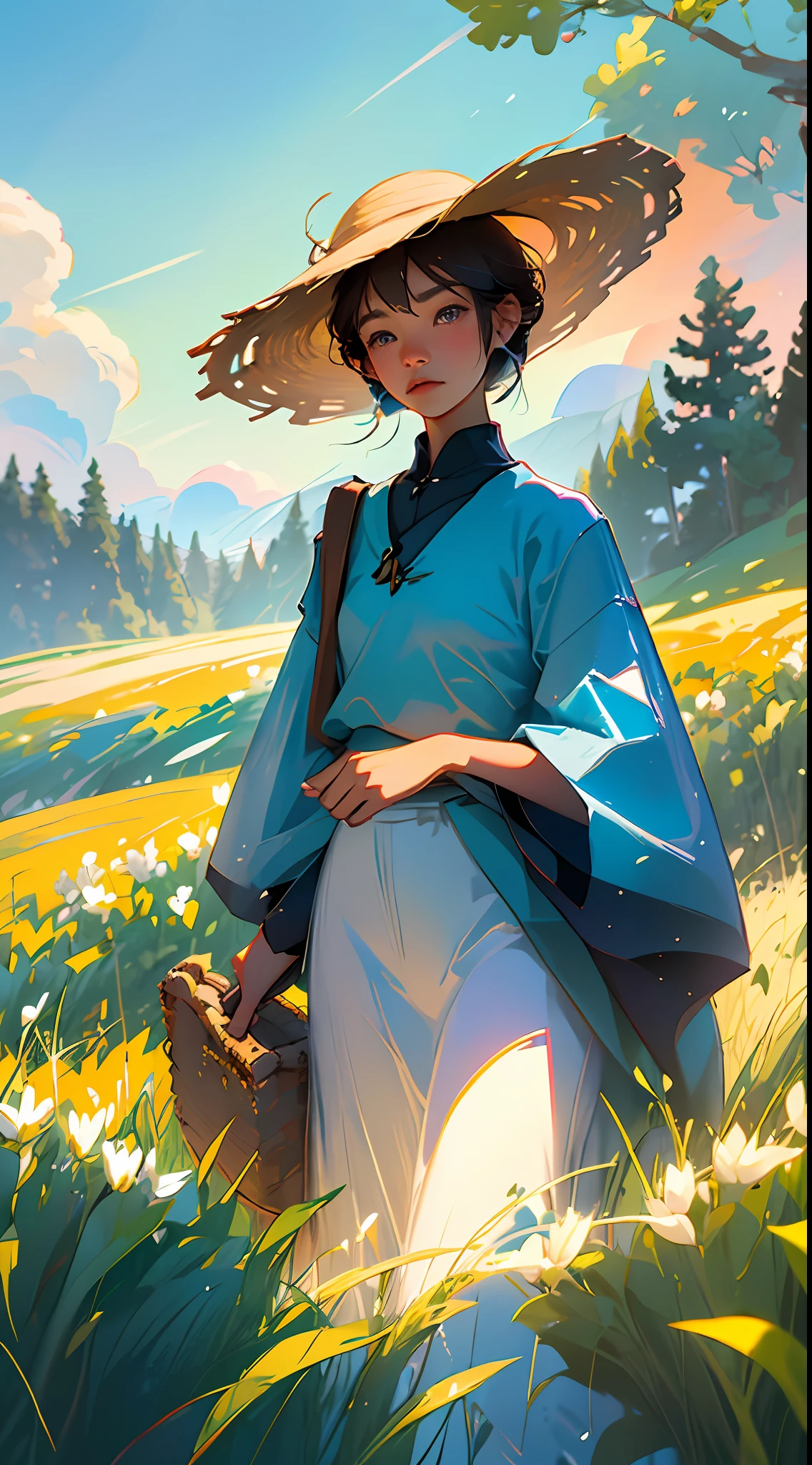 A peasant uncle with a straw hat stands in a wheat field, big clouds, blue sky, rice field, neat rice seedlings in the field, forest, hillside, secluded, countryside, HD detail, hyperdetail, cinematic, surrealism, soft light, deep field focus bokeh, ray tracing and surrealism. --v6