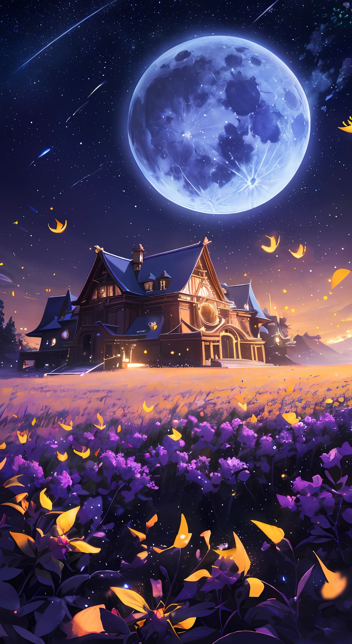 (Highers, ultra detailed, cinematic, UHD), night, mountain, dark sky, (big moon in the sky), (saturnus in the sky), galaxy in the sky, nebula in the sky, snowy, (old western bulding) , purple flower field, warm, orange, blue, purple, detailed building, detailed field, detailed sky, shooting star from above, dreamy, magical, boy looking at the sky, light particle, fireflies, oil painting