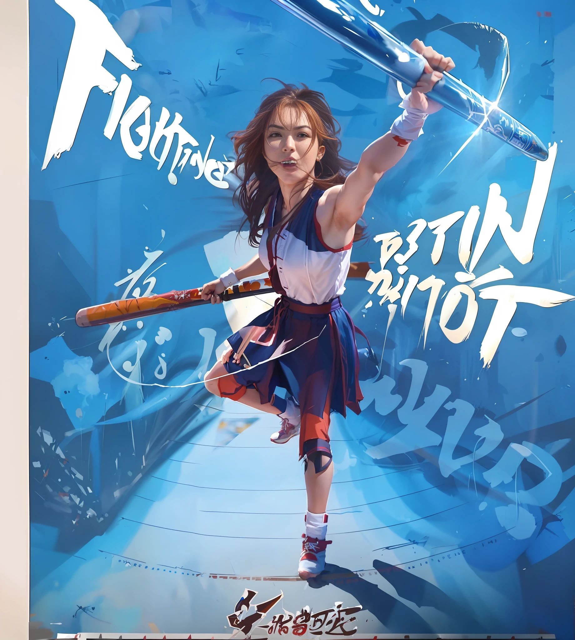 a close up of a person holding a baseball bat on a poster, fighting pose, she is ready to fight, inspired by Li Shida, action with run and fight, movie promotional image, fanart, fighting with angles, activity with fight on swords, in a fighting stance, fighting posture, in a fighting pose, promotional art, inspired by Tooth Wu, promotional poster