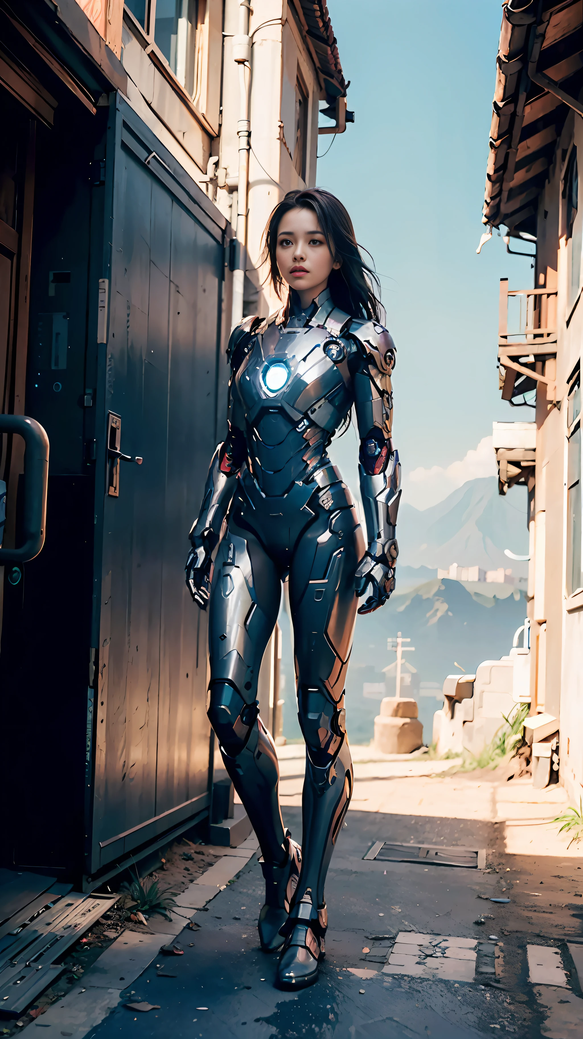 Realistic movie scene of a 20-year-old woman standing full body in a cyberpunk barren with stunning cloudscapes. (wearing an Iron Man mech) on her insanely complex anatomically adapted (graphene: 1.1) biomechanically symmetrical arms and biomechanically symmetric legs. Extremely detailed, elegant and ornate symmetrical fractal detail with Kyanite gemstone. Scene captured with bright soft natural light, dramatic shadows and beautiful vibrant colors. Romantic art style. 8k resolution image with cyberpunk style, intricate symmetrical details. The whole picture is indomitable and heroic. It is mainly a complete picture of a man standing with his whole body, smooth movements and confident expression.