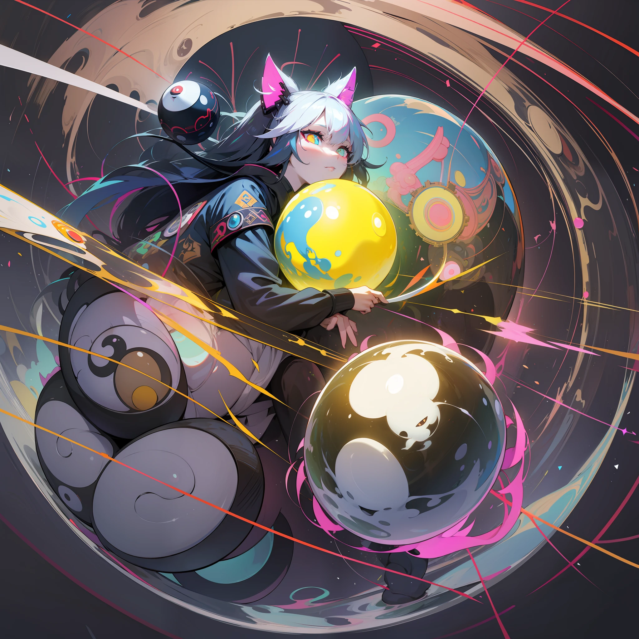 Yinyang Cyberpunk Cat Duality Neon Sumerian Goddess Psychedelic Bright Magic Globe Udon