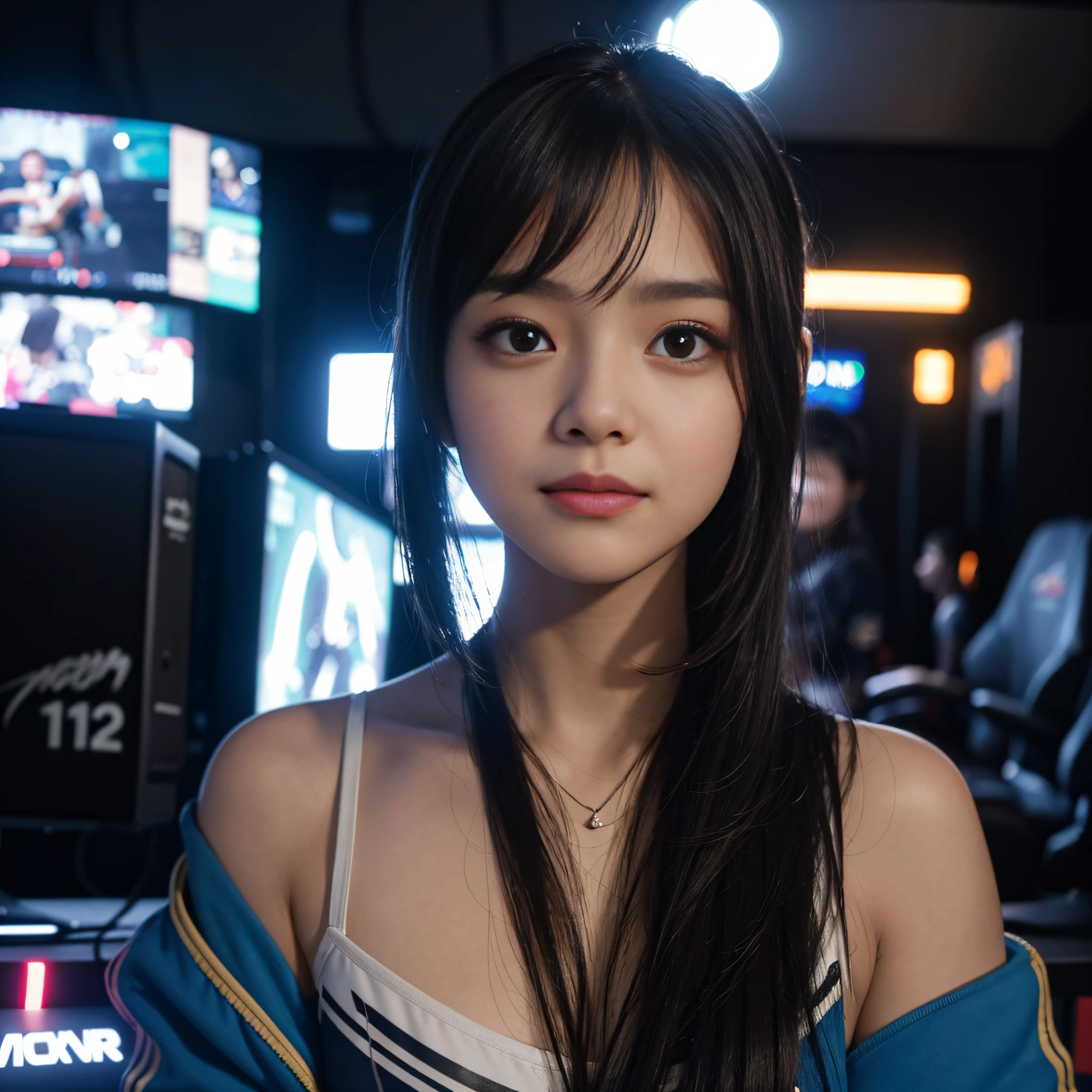 A girl looks at the camera excitedly in an esports room, surrounded by the lights of the game's atmosphere. The lens is a close-up, shot in DSLR style with great detail. There are no other elements in the shot, the focus is on the girl's expression. The overall effect is cinematic, with high-quality detail.