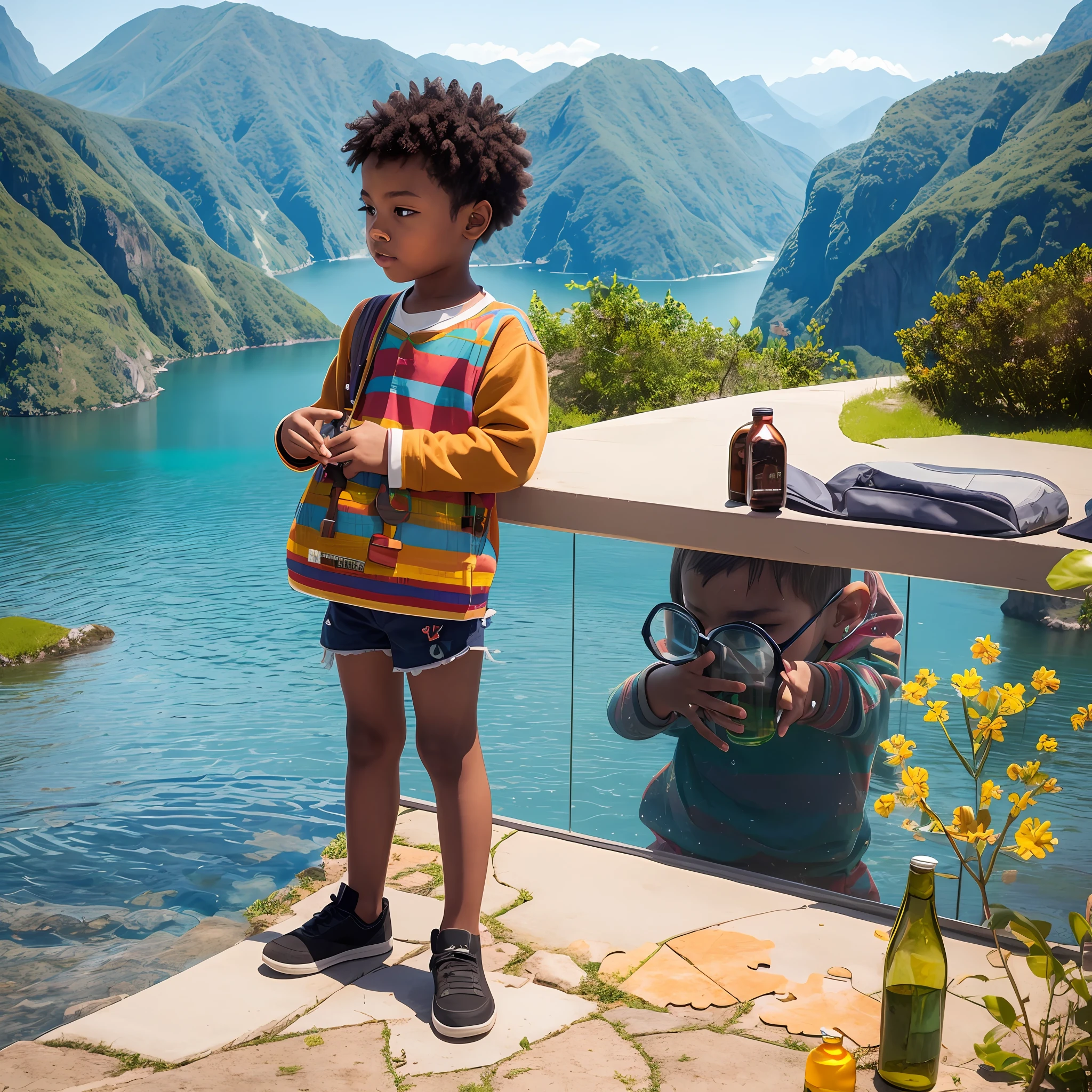 scenery, bottle, autism, puzzle, child, colorful, magic, brown skin, pixel