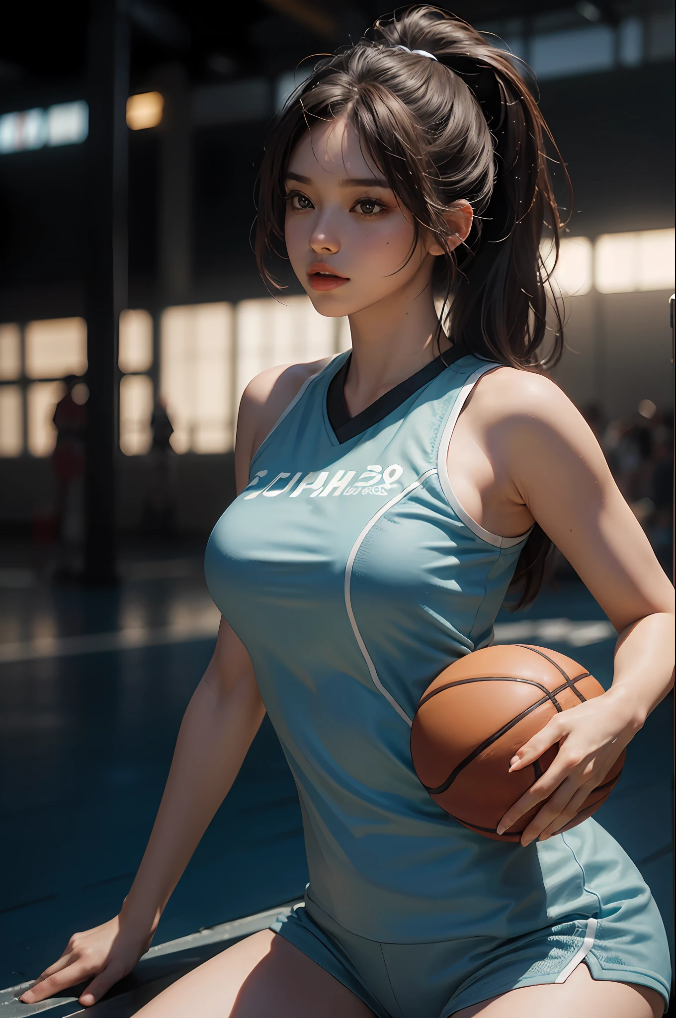 (RAW photo, 4k, masterpiece, high resolution, extremely complex) (realistic: 1.4), cinematic lighting
1 Girl, Solo Focus, Summer Noon, Hot, 1990s\(Style\), (Best Quality), (Highres), (an Extremely Delicate and Beautiful),,(Beautiful 8k face),(Brown eyes),(ulzzang-6500:1.0),(solo),(Looking side),( spectators),(large breasts),(NBA),bent over,,lookside,(side), ,(Basketball sportswear),((Play basketball)),((gymnasium)),((speed)),(reality),