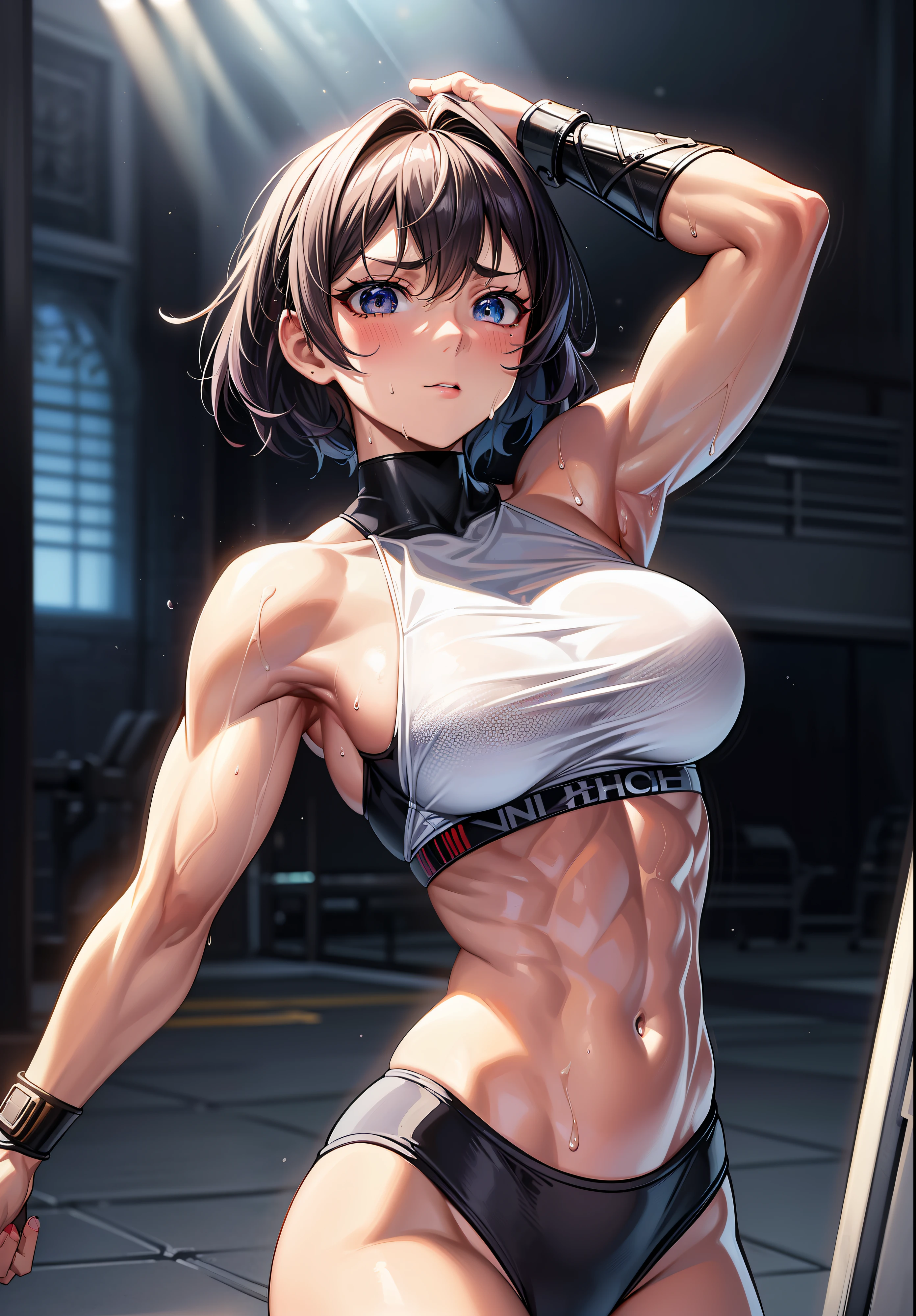 ((Best quality)), ((masterpiece)), ((highly intricate details)),beautiful, high quality, highres, absurdres, light difussion, intricate details, complex details, ((anime)), (anime:1.2) , (perfect face:1.3), extreme detailed eyes, colorful, highest detailed, vibrant colors, high contrast, (8K UHD:1.2), (photorealistic:1.2),(masterpiece:1.4), (best quality:1.4), realistic,medium breast.
Immerse yourself in the awe-inspiring presence of a girl with an extraordinary muscular physique in the gym. With her colossal strength and chiseled body, she confidently flexes her muscles, radiating power and determination. Her physique is truly remarkable, featuring bulging muscles that ripple with power. Her arms are adorned with immense biceps and sculpted triceps, each muscle fiber defined and purposeful. Her chiseled six-pack abs proudly showcase her dedication to physical fitness, a testament to the hours spent honing her body to perfection. Clad in workout attire that accentuates her muscular form, she emanates an air of confidence and dominance. Beads of sweat cascade down her glistening skin, evidence of the intense physical exertion she undertakes. The gym serves as her domain, a sacred space where she pushes her body to its limits and transcends the boundaries of what is deemed possible.
short hair, beautiful colored hair, blushed ,18+ face,face, ,wet mouth,nsfw art, body curve, full sexy body, white armor, ((full body)), full body, random position, random pose position, random position, beauty shirt, ((upper body))
