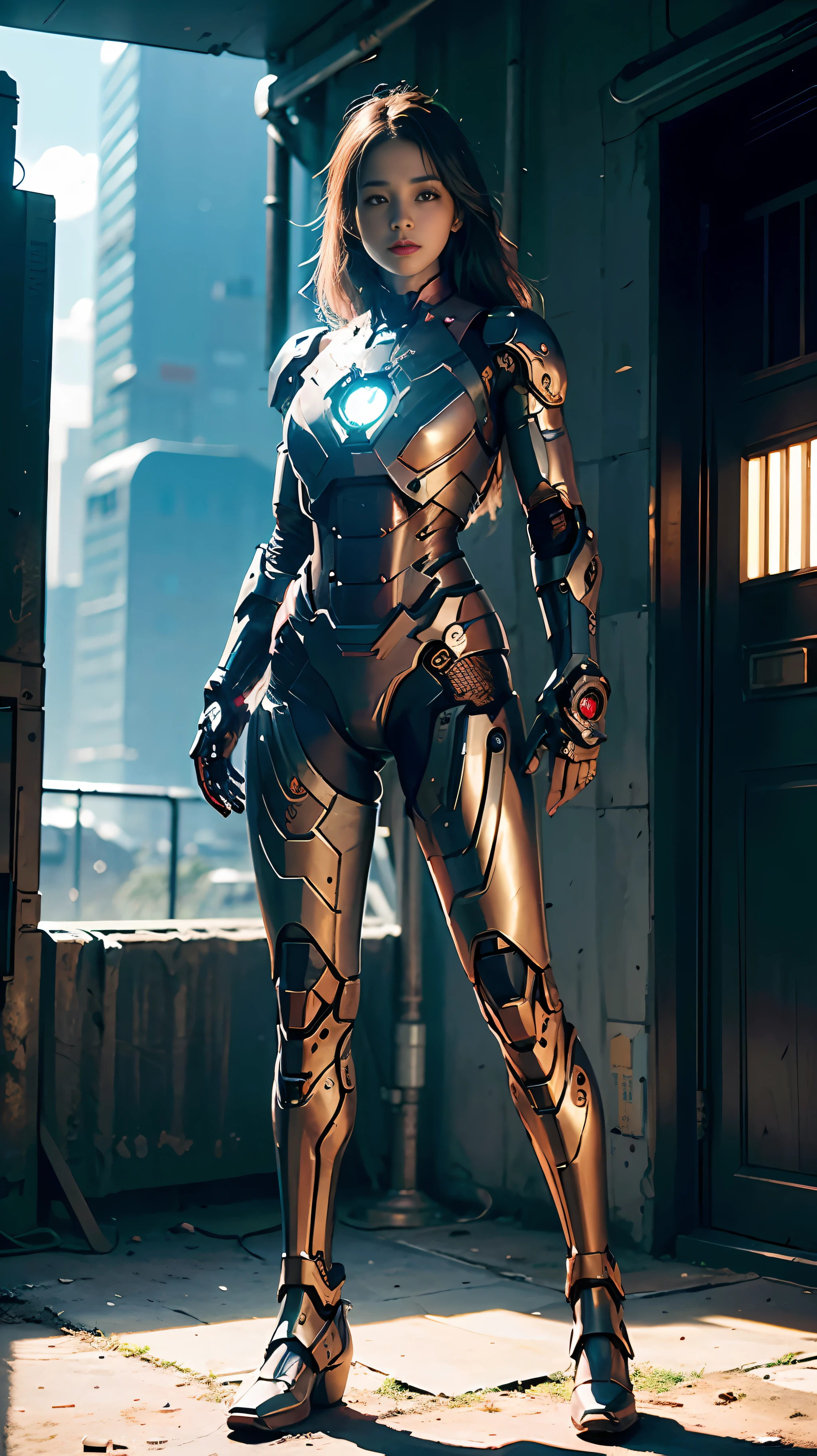 Realistic movie scene of a 20-year-old woman standing full body in a cyberpunk barren with stunning cloudscapes. (wearing an Iron Man mech) on her insanely complex anatomically adapted (graphene: 1.1) biomechanically symmetrical arms and biomechanically symmetric legs. Extremely detailed, elegant and ornate symmetrical fractal detail with Kyanite gemstone. Scene captured with bright soft natural light, dramatic shadows and beautiful vibrant colors. Romantic art style. 8k resolution image with cyberpunk style, intricate symmetrical details. The whole picture is indomitable and heroic. It is mainly a complete picture of a man standing with his whole body, smooth movements and confident expression.