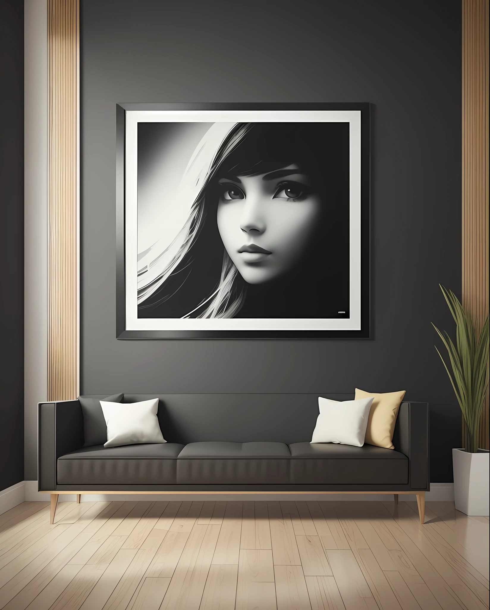 very large picture with black frame on wall at home hallway background --auto --s2
