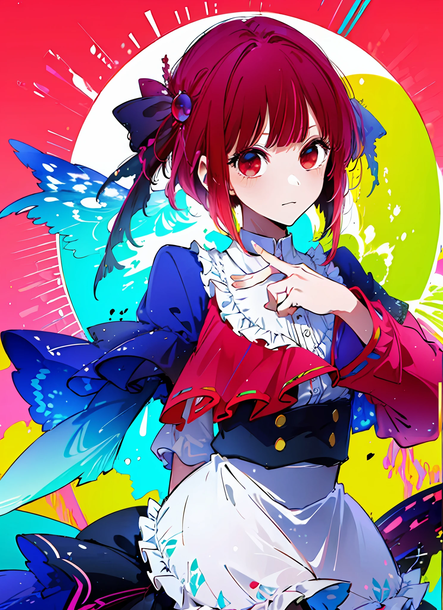 (flat color:1.3),(colorful:1.3),(masterpiece:1.2), best quality, masterpiece, original, extremely detailed wallpaper, looking at viewer,1girl,solo,floating colorful water, red hair, red eyes, medium breast