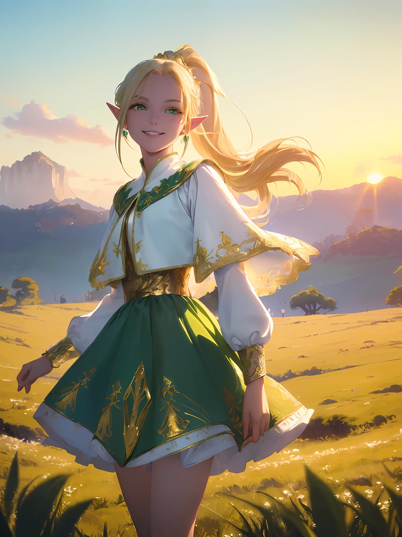 (((Masterpiece, highest quality, high definition, high detail)))), ((((Fantasy)))), one, (Elf woman)))), (short skirt of white with gold embroidery), (blonde long straight ponytail), (glossy dark green eyes), (green surcoat with golden embroidery), (green cape with golden embroidery), big, ((sunset)), ((grassland)), (walking on the grassland))), ((smile)), tilt your head, (breeze), (cowboy shot))