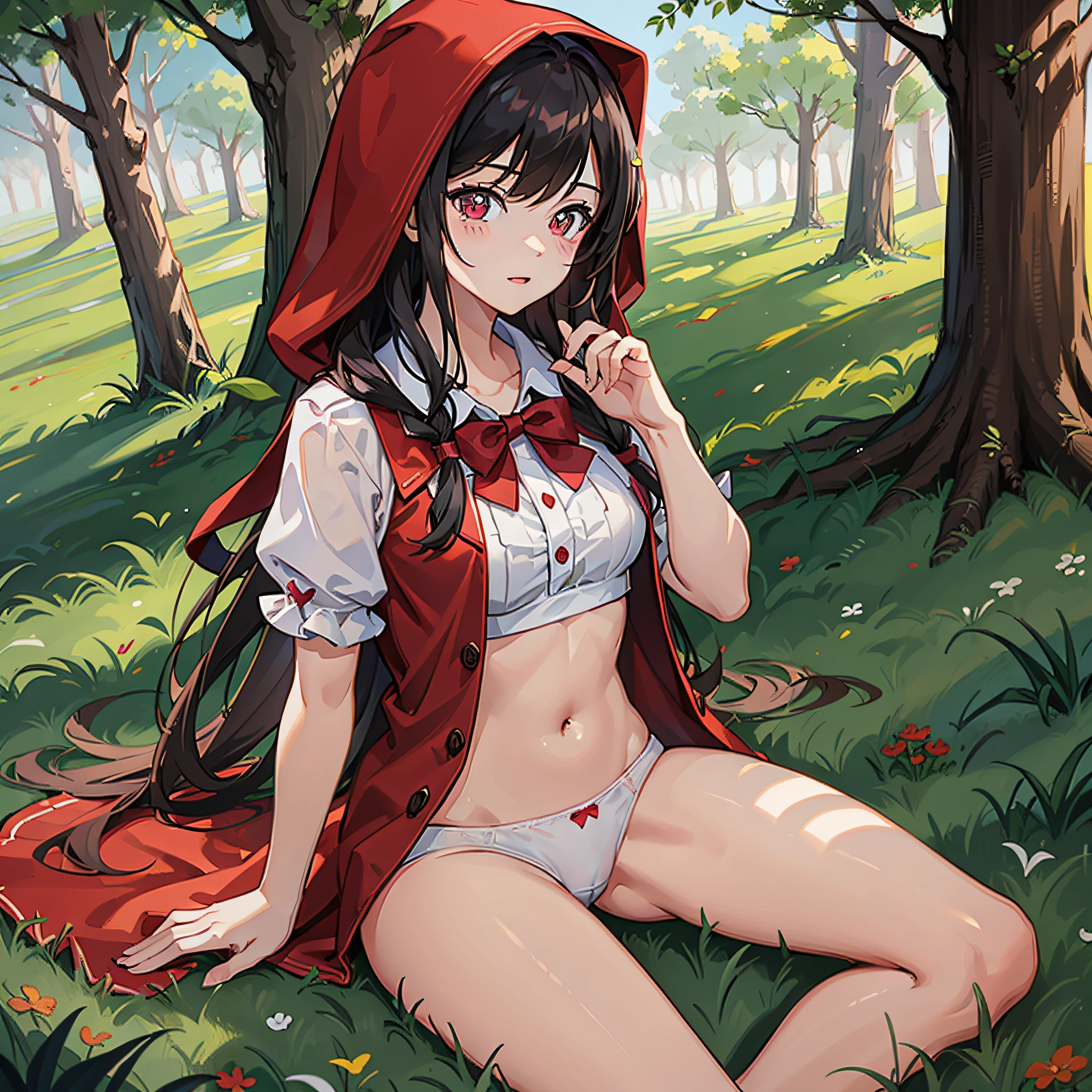 Little Red Riding Hood, in her underwear, meadow