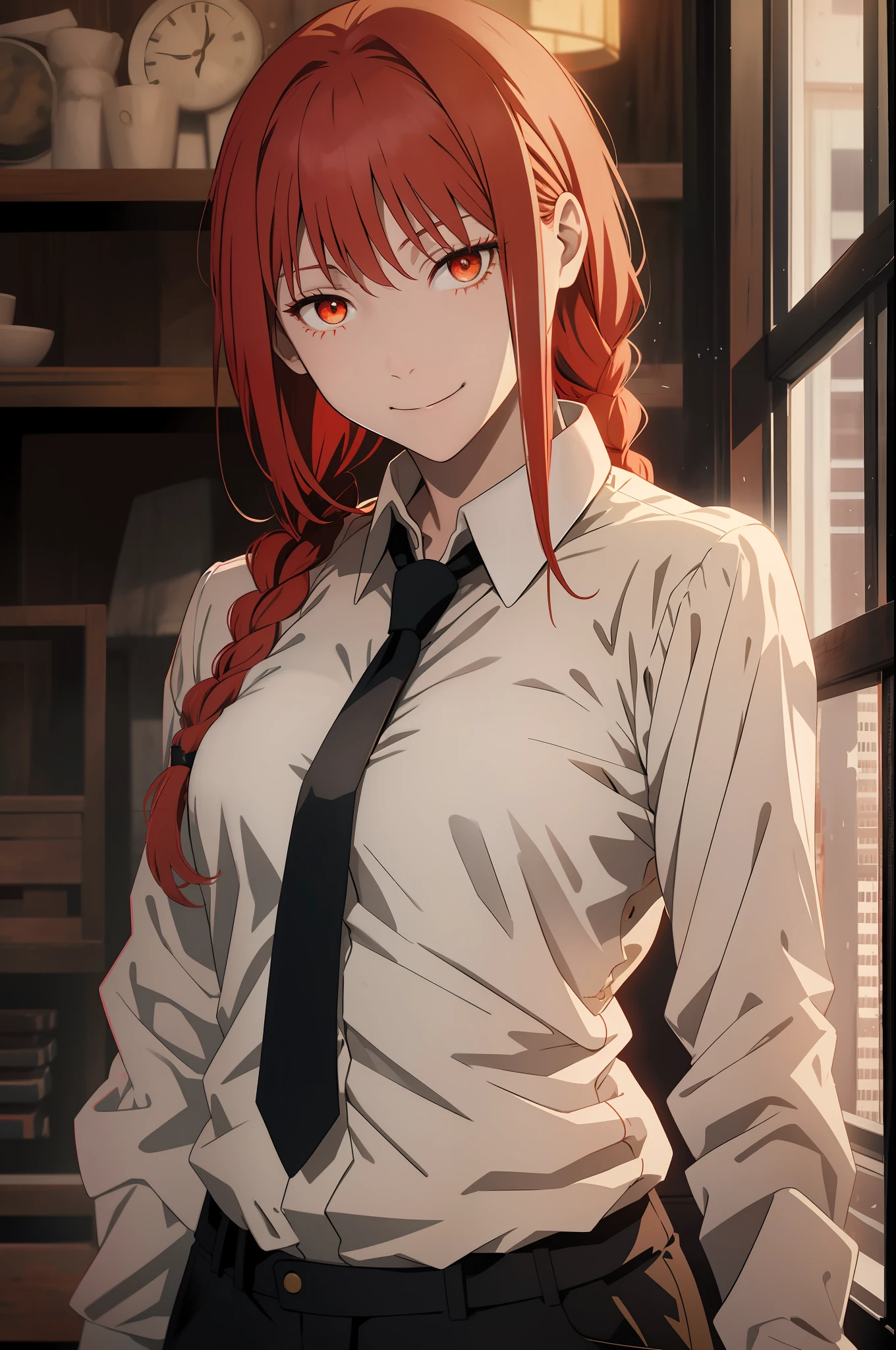 makima \(chainsaw man\), holding knife, blood rain, 1girl, solo, standing, red hair, long braided hair, golden eyes, bangs, medium breasts, white shirt, necktie, stare, smile, (evil:1.2), looking at viewer, (interview:1.3), dark background, pants, black pants, best quality, shiny skin, highest quality, high resolution.