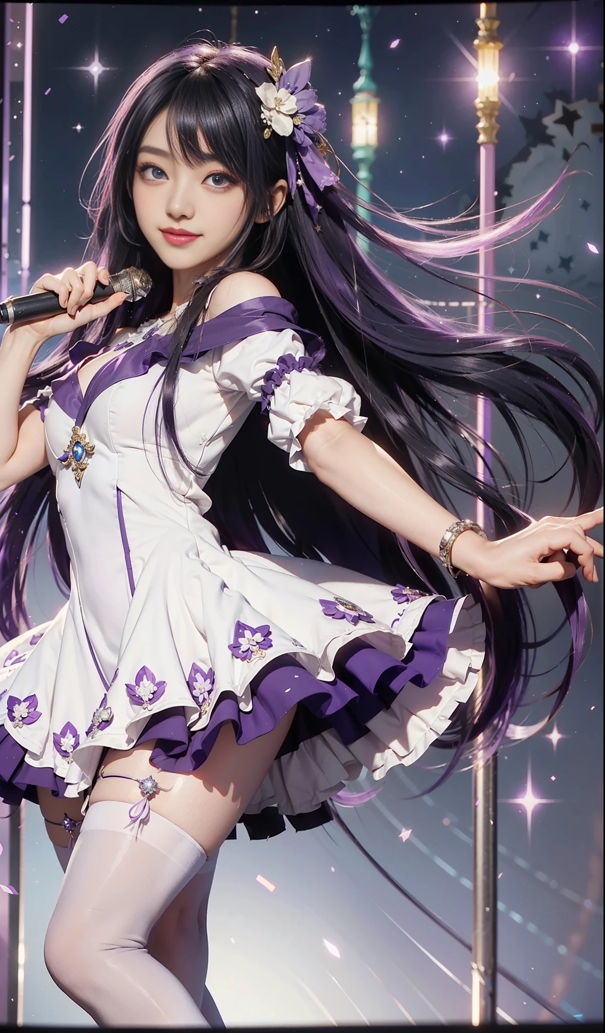 （1 Girl: 0.6) Ai Hoshino, girl with long hair holding a magic wand and purple dress, purple albedo, anime moe art style, (movie quality: 0.3), anime shoujo, singer, purple eyes, magical girl, zero sauce art, magical girl anime majo, white shirt, purple long hair, (stockings), (stars), (delicate facial features: 0.6), head decoration, (delicate hands: 0.9), white dress, (big eyes: 0.5), singing, smiling, stage lighting, standing, high heels , (pattern decoration on head), normal head, (tall long legs: 0.8), (long purple hair: 0.5), (shawl scatter), (diamond shine: 0.9), (crouching), (bright smile: 0.9)