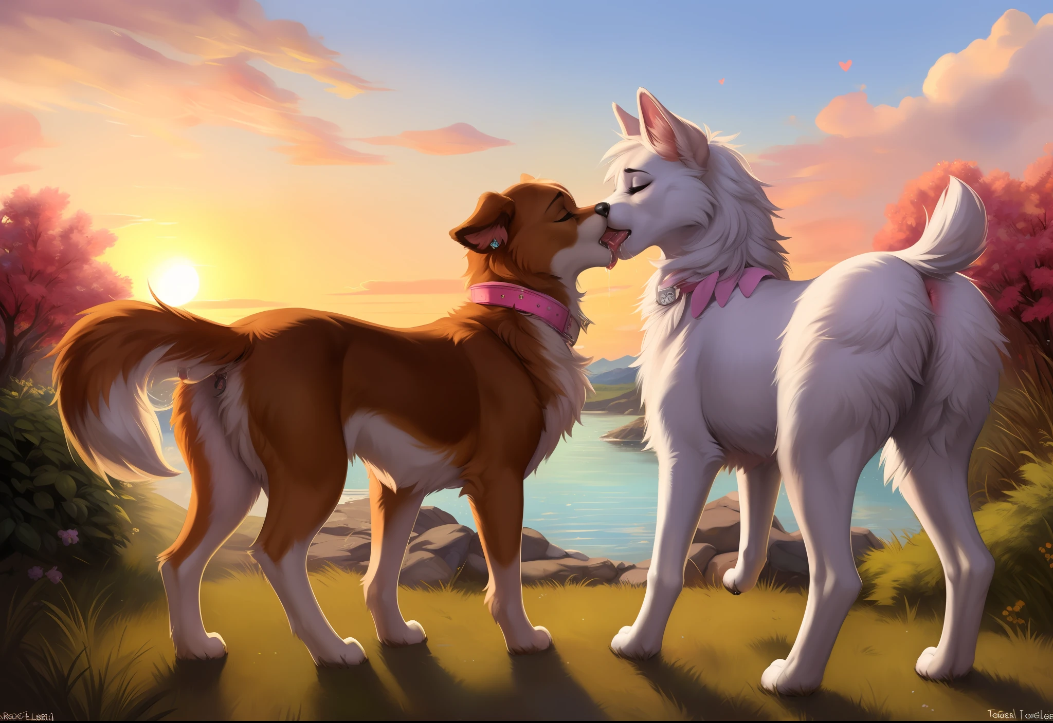 2 mature female dogs sharing an intense and messy kiss, by pino daeni, by reallynxgirl, by chunie, by foxovh, hi res, absurd res, 8k, masterpiece, floating hearts, (fuzzy butt:1.4), (fur:1.4), isometric view, best quality, butt focus, hindquarters, sunset clouds, starry sky, sparkles, good lighting, light beam, floating hearts, ((beautiful dog park)), by roly, (mature feral), wide hips, big butt, (duo), (long eyelashes:1.1), (2 dogs), collie, saluki, domestic dog, curled tail, (kissing:1.3), (nose to nose:1.4), (excessive drooling), feminine collar, ear accessory, tail accessory, whiskers, groomed fur, excessive drooling, feral canid, feral canine, feral mammal, canis, eyes closed, feral on feral, food, fruit, (making out), plant, saliva, aggressive kissing, (forced), violent, (angry), unique fur pattern, female/female, (girly:1.5), (feral), open mouth, featureless crotch, by totesfleisch8, black butt markings, tribalism, french kissing, standing, tailwag, hugging, embrace, (multi nipple), feminine accessories, hip sway,