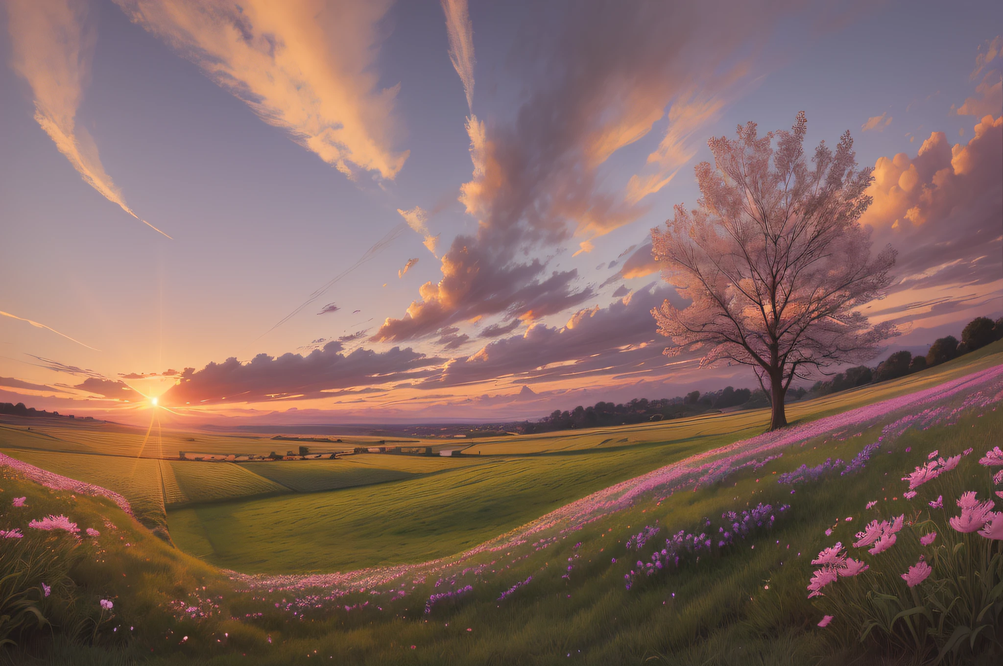 araffy view of a field with grass and flowers at sunset, sunny meadow, the brilliant dawn on the meadow, spring early morning, at sunrise in springtime, in soft dreamy light at sunset, at golden hour, field with grass and flowers, meadow background, beautiful sunny day, early morning, in a sunny day, early morning light, at the golden hour --auto --s2