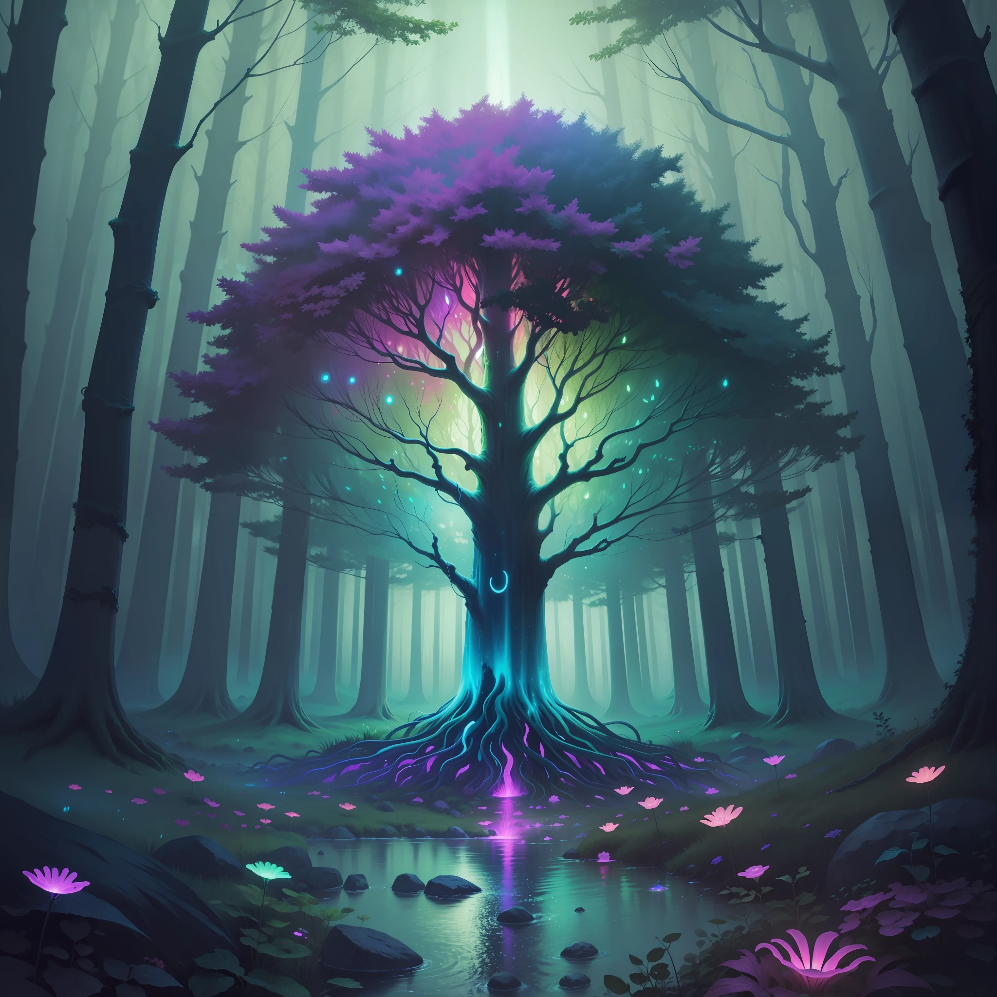 forest in colorful bioluminescence