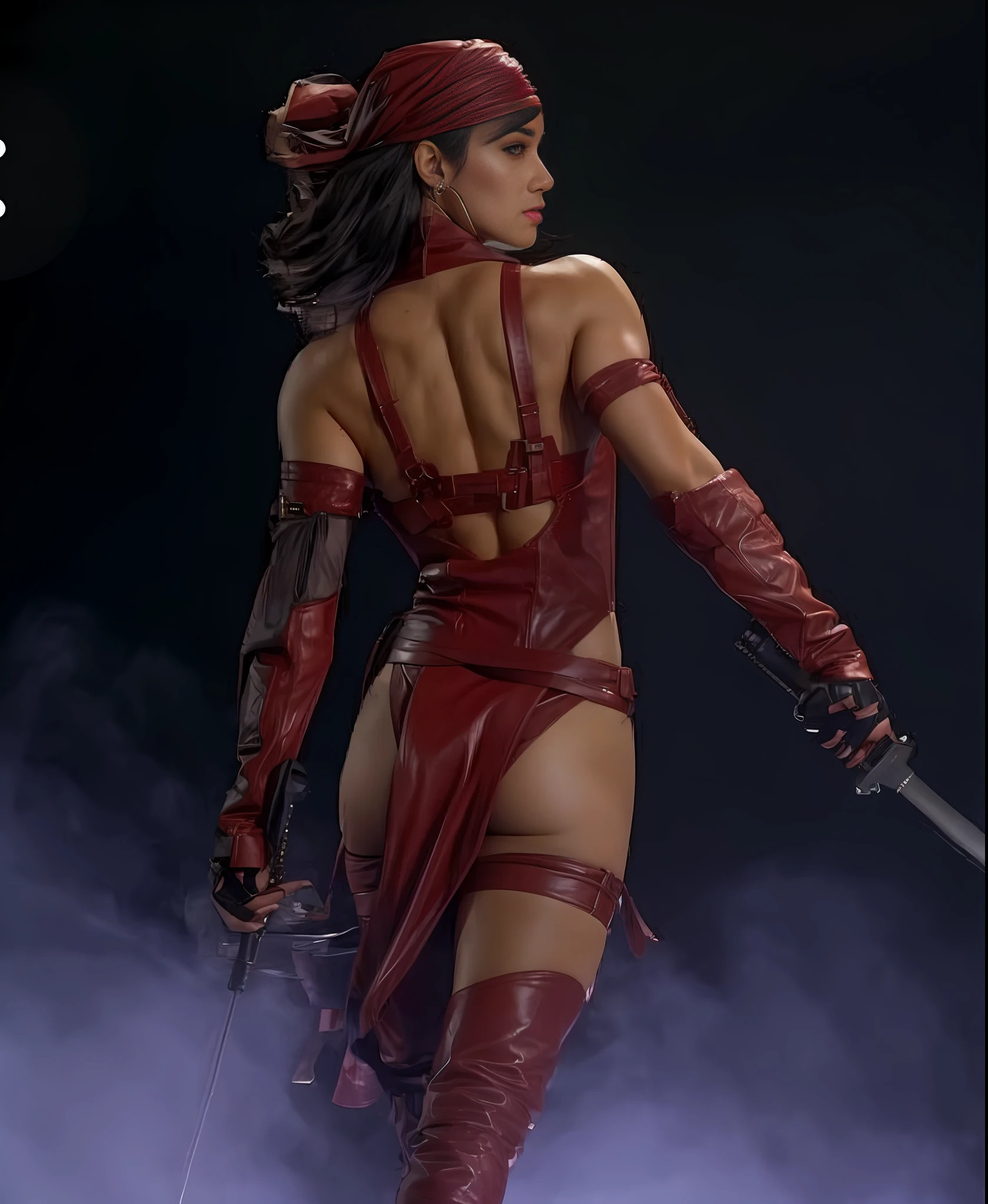 4K, sexy woman, long hair, leather suit, muscular body, headscarf.