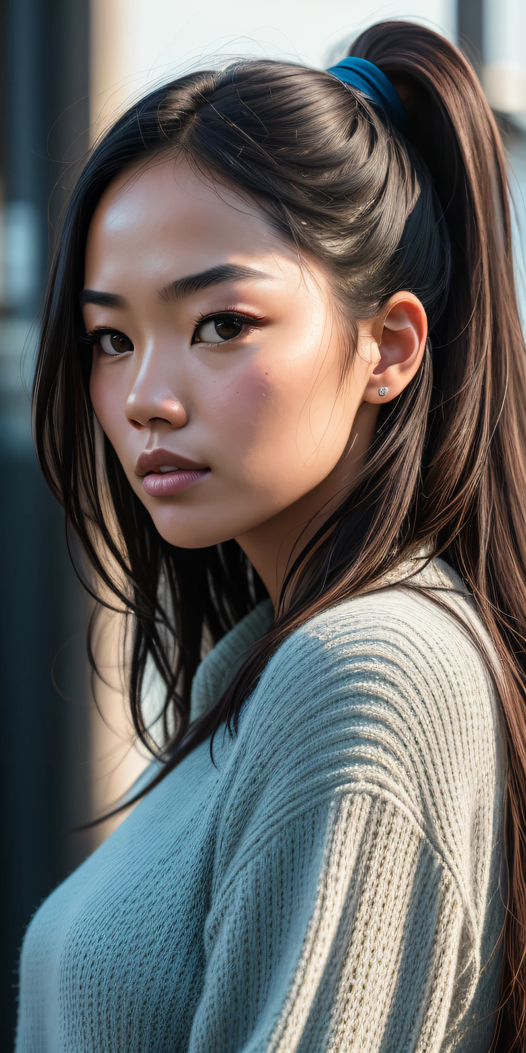Full face portrait photo of a 16-year-old girl, RAW, Gemma Chan, Chloe Bennet, Lucy Liu, beautiful woman, dimples, (long black hair in ponytail), ((detailed face)), ((detailed facial features)), (finely detailed skin), pale skin, wearing blue sweater, plaid skirt, black stockings, school environment, (cool colors), damp, damp, reflections, (masterpiece) (perfect proportion)(realistic photo)(best quality) (detailed) shot on a Canon EOS R5, 50mm lens, F/2.8, HDR, (8k) (wallpaper) (cinematic lighting) (dramatic lighting) (sharp focus) (intricate), RAW photo, RAW photo, gigachad photo, posing for camera, back arms, 8k uhd, dslr, high quality, grain film, Fujifilm XT3, film stock photography 4 kodak portra 400 camera f1.6 lens rich colors hyper realistic texture dramatic lighting unrealengine trend in artstation cinestill 800 tungsten, toughboy style, ultra focus face,
