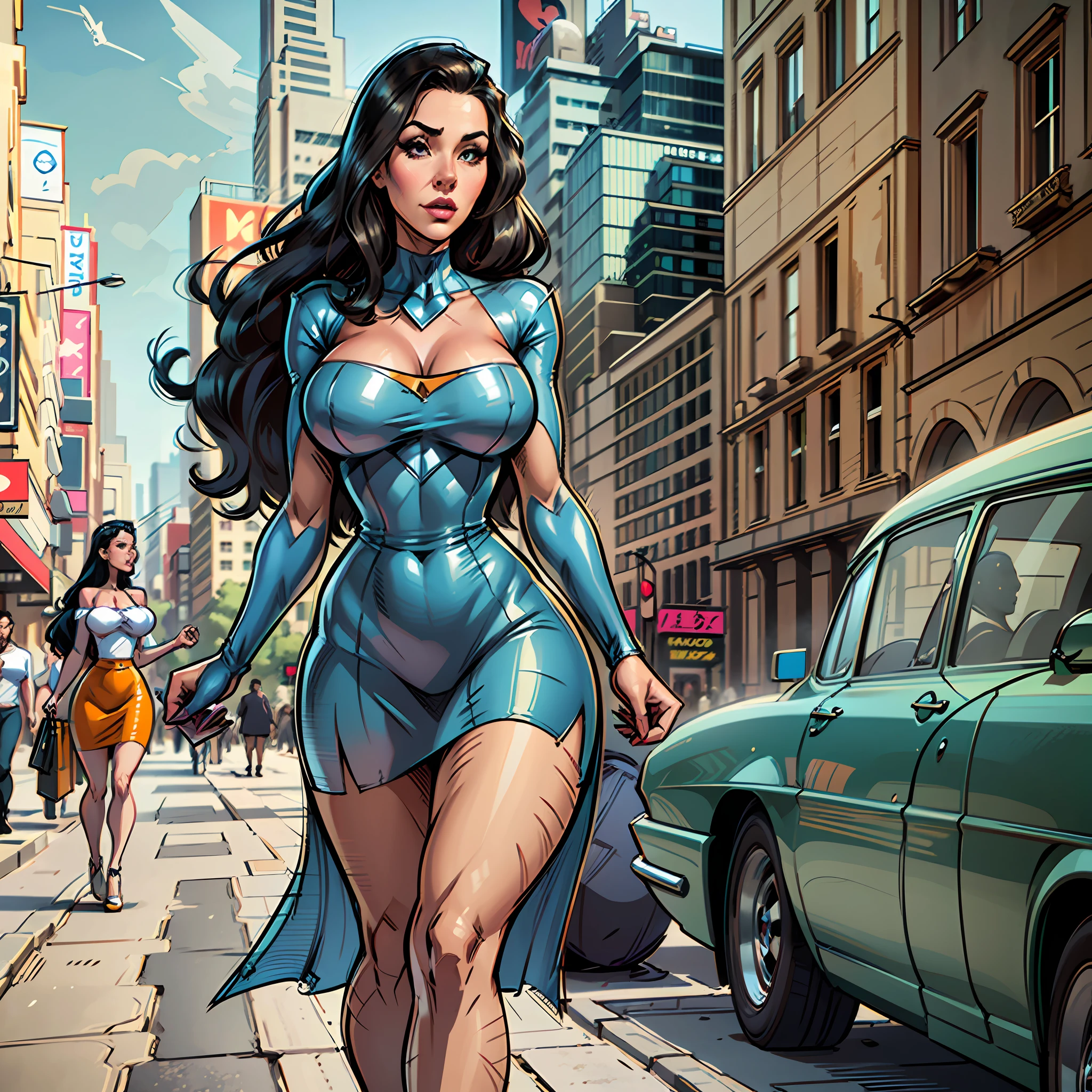 Detailed realistic digital fixed 3d illustration, Bill Wilder 50s comic book style, beautiful 3 women, (((oversized sharp bust, perfect face,))) super ultra-thin waist, super long legs, super hourglass body, tight colorful sheer skirt, long hair, walking around the city in the 50s