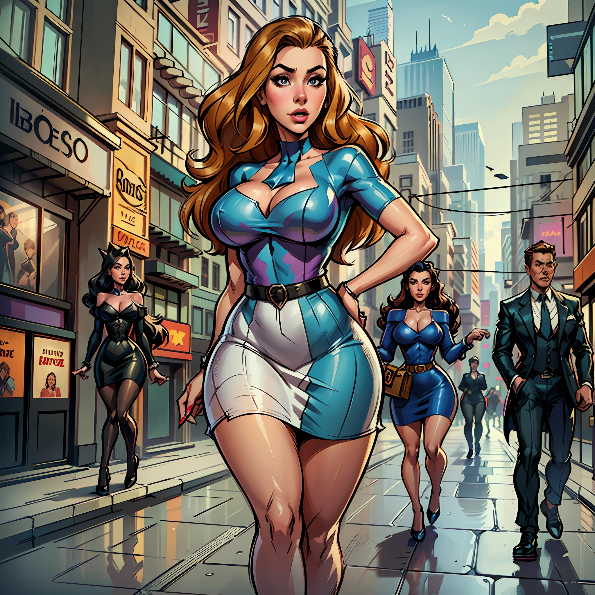 Detailed realistic digital fixed 3d illustration, Bill Wilder 50s comic book style, beautiful 3 women, (((oversized sharp bust, perfect face,))) super ultra-thin waist, super long legs, super hourglass body, tight colorful sheer skirt, long hair, walking around the city in the 50s