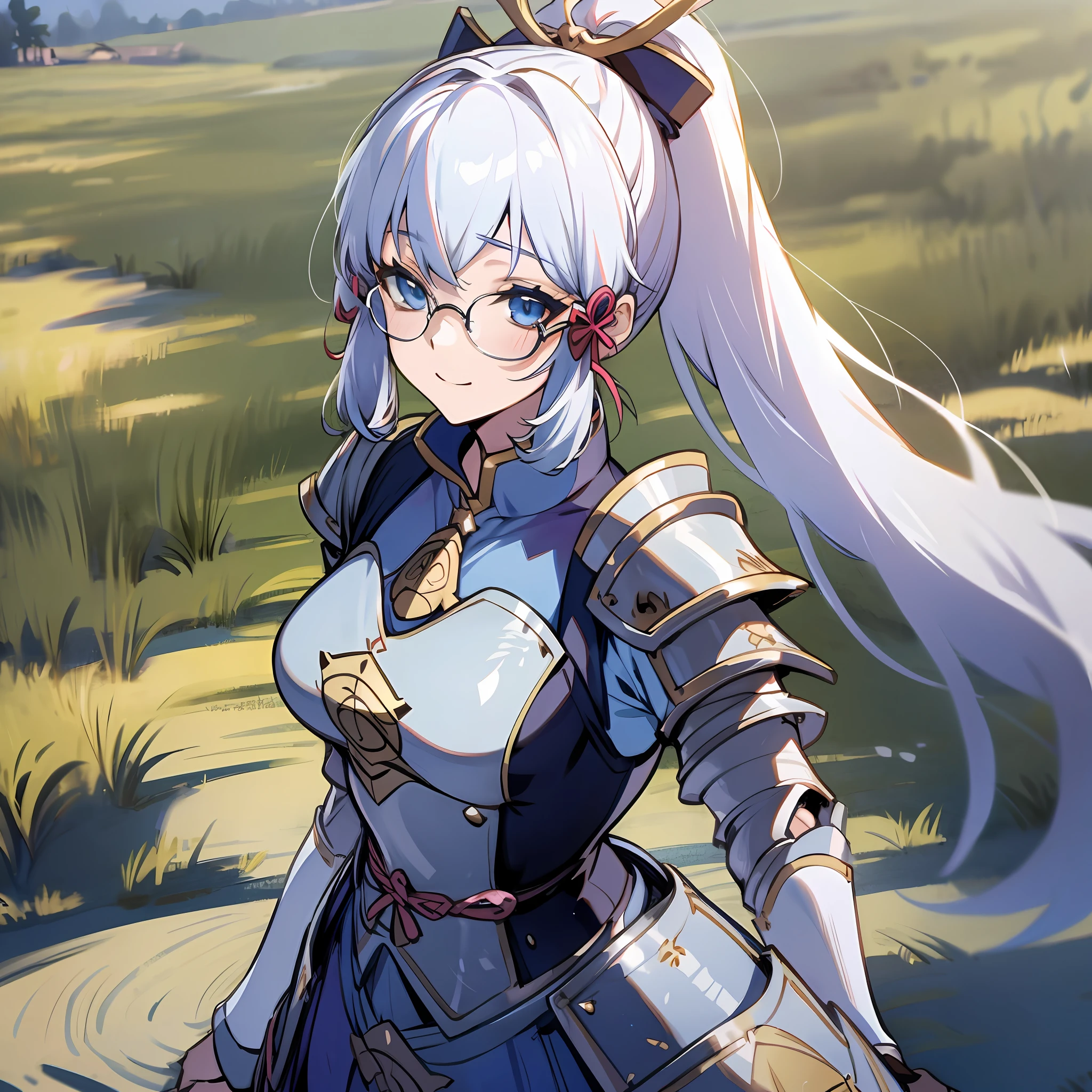 "Ayaka, the Solemn Knight with a Ponytail, wearing Glasses and White Hair, is standing in the middle of a Field Background, adding a touch of Knight Armor(0.7) to her charm. She has a Medium Breast and an inviting Smile with her Hair Accessories."