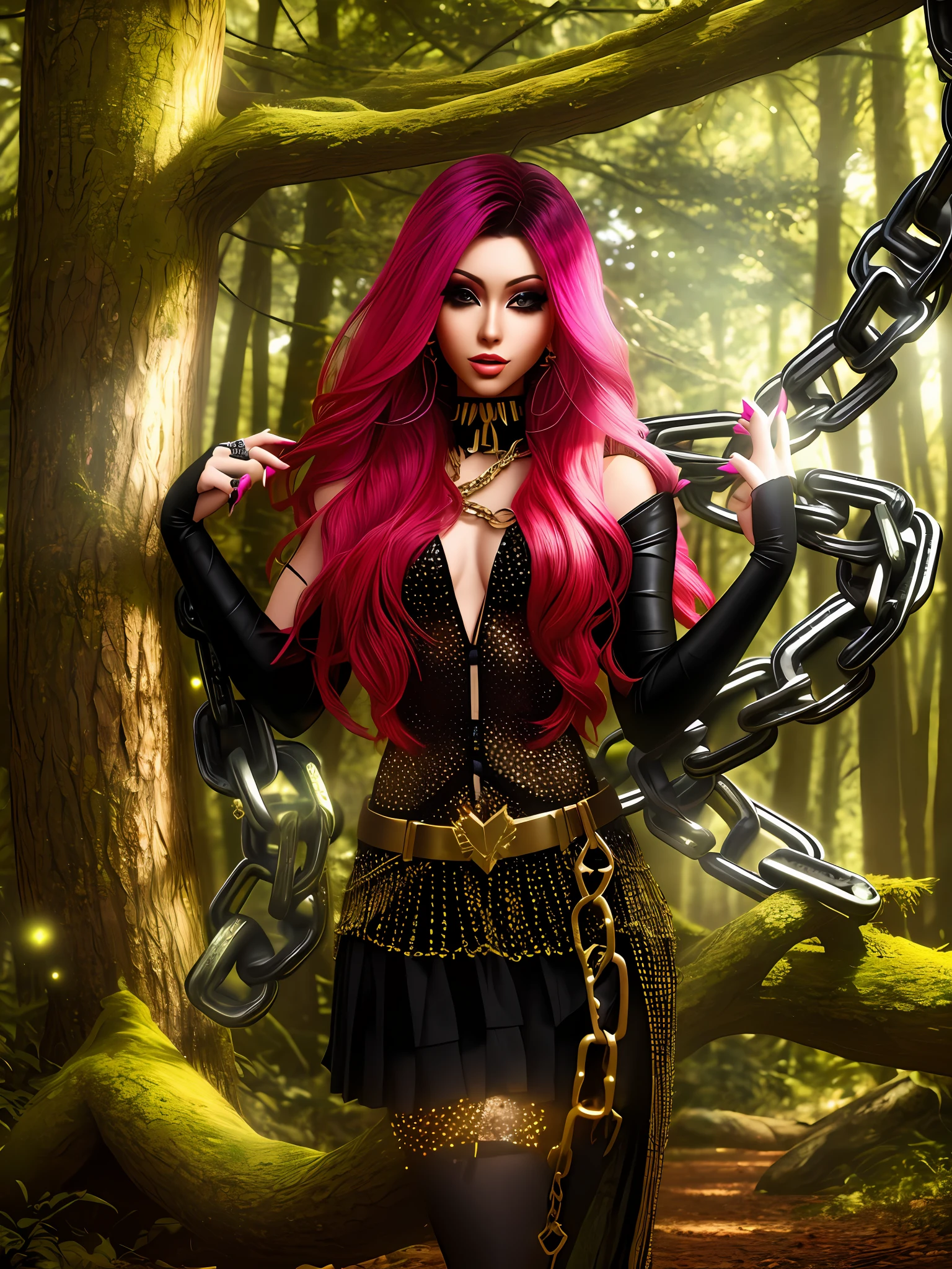 there is a woman who is standing in a forest with a chain, imvu, spell pose, second life avatar, shiny long ethereal hair, upper body avatar, lblsck hair, glamour pose, clothing photo,