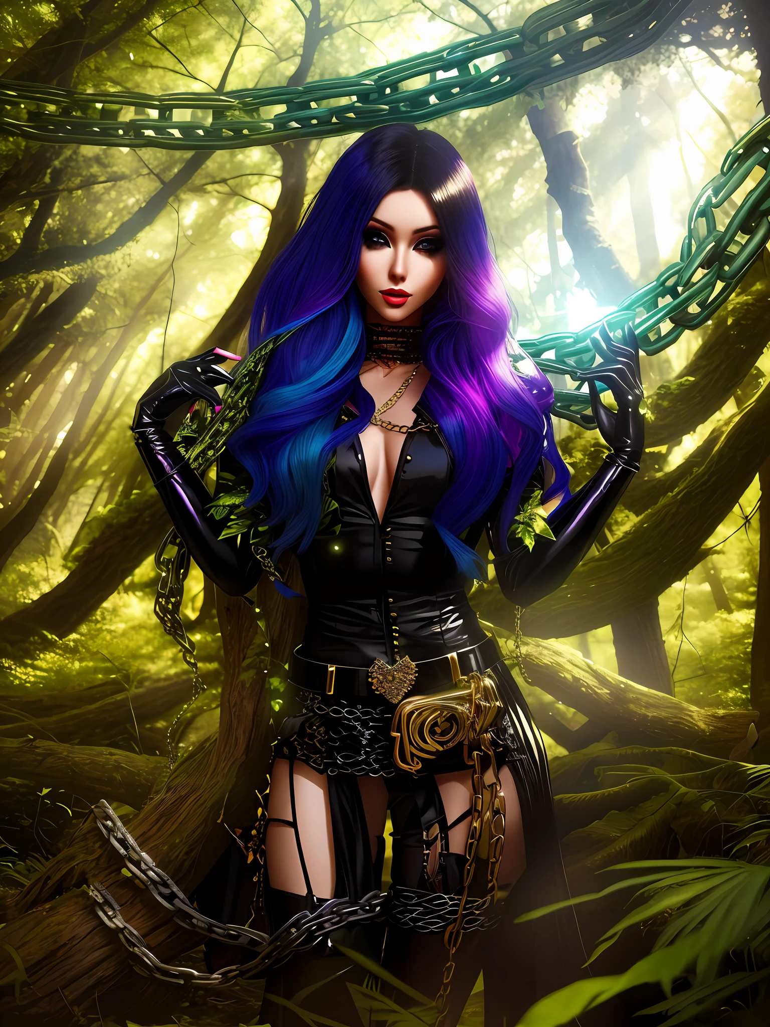 there is a woman who is standing in a forest with a chain, imvu, spell pose, second life avatar, shiny long ethereal hair, upper body avatar, lblsck hair, glamour pose, clothing photo,